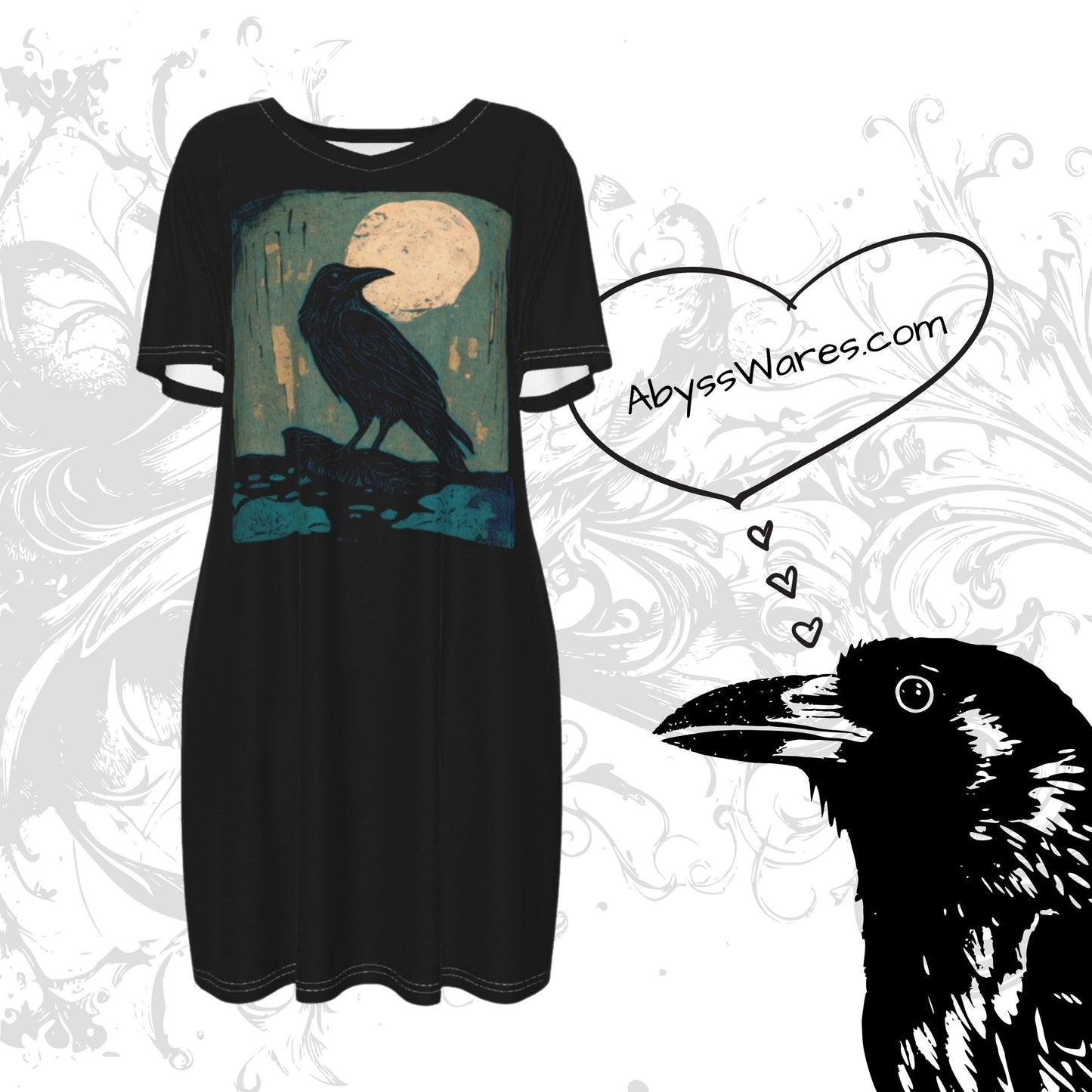 Camiseta-vestido camisero con cuervo de madera de musgo