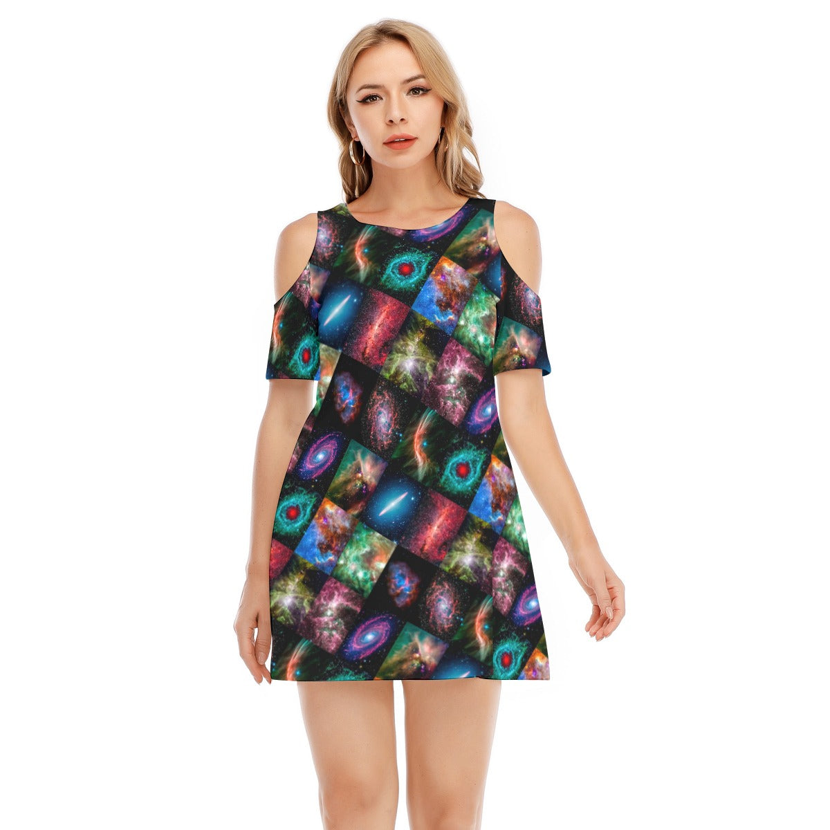 beautiful galaxies explode across this cotton mini dress