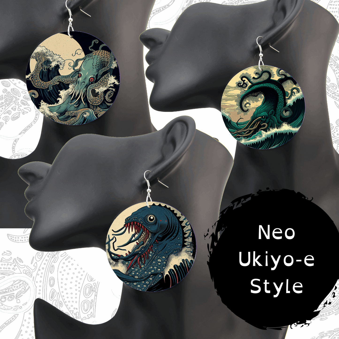 Abyssal Dreams wood earrings Neo Ukiyo-e Cthulhu | Grey Blue Moon Waves