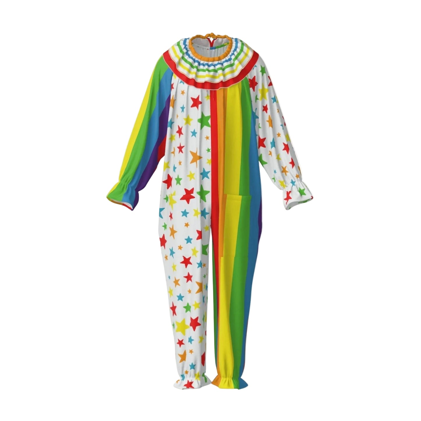 Colorful rainbow and stars adult clown suit with star pattern on a white background