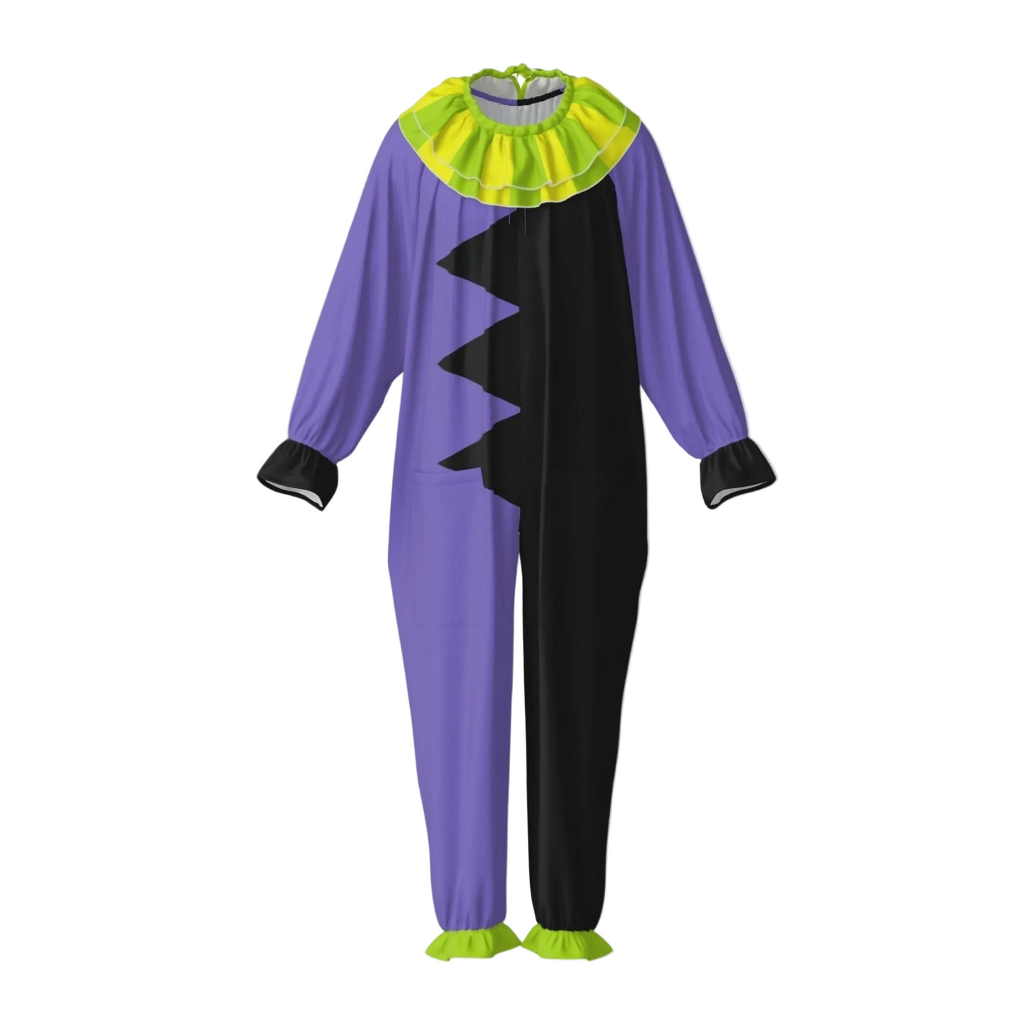 Purple and black costume with green accents on a white background