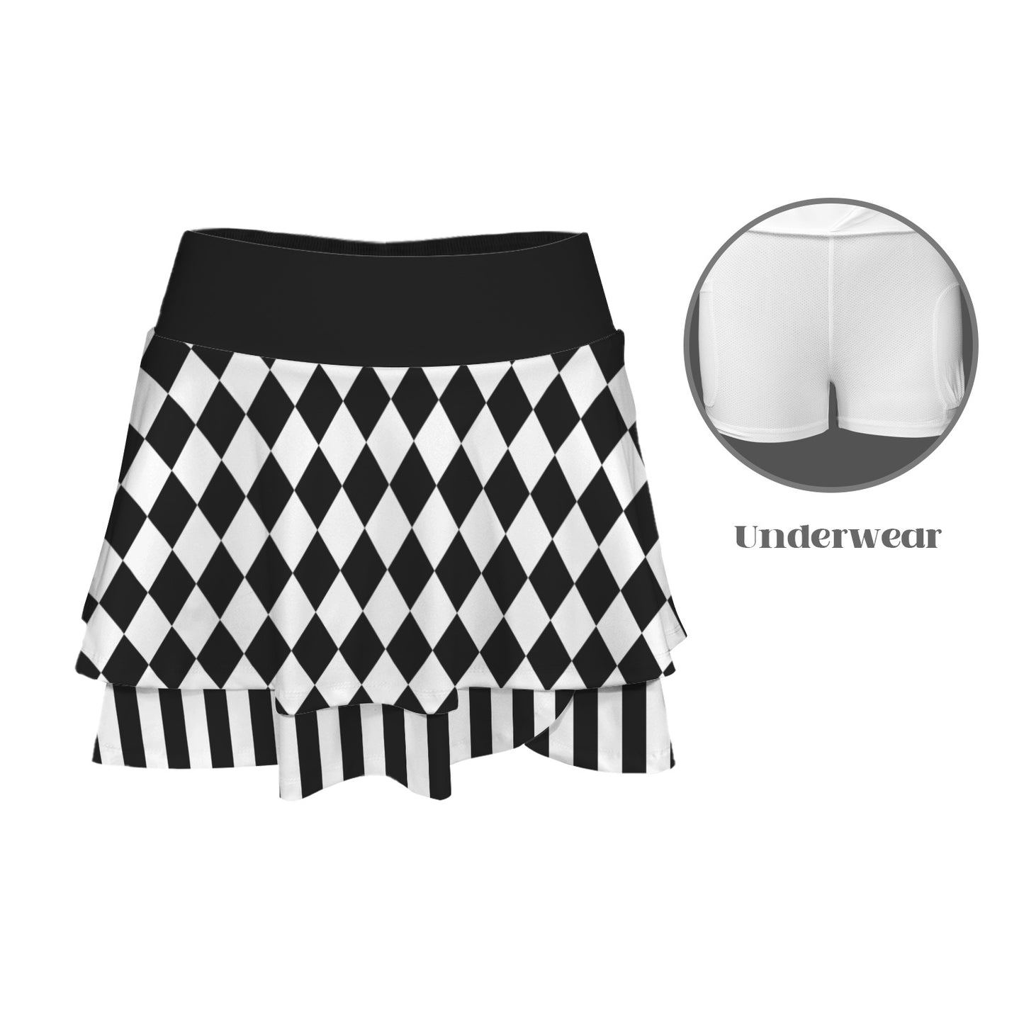 Black and white checkered skirt with inset of undershorts detail on a white background
