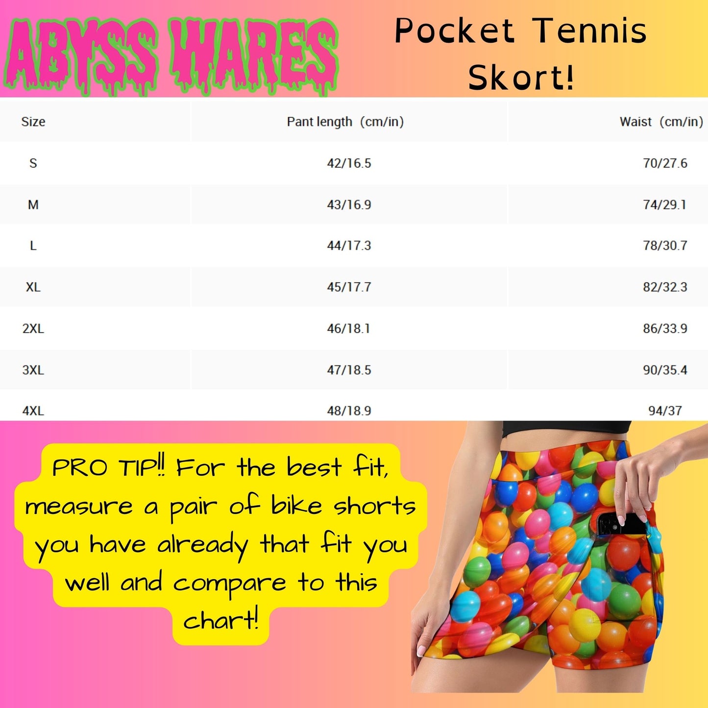 Colorful pocket tennis skirt with size chart and measurement guide on a pink and yellow background.