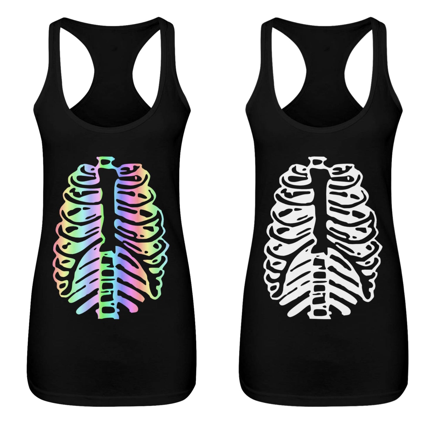 ladies black tank top with Halloween skeleton ribcage print is available in pastel rainbow or white print