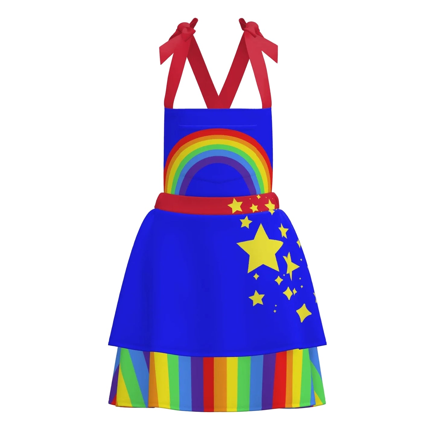 Colorful apron dress with rainbow and star design on a white background