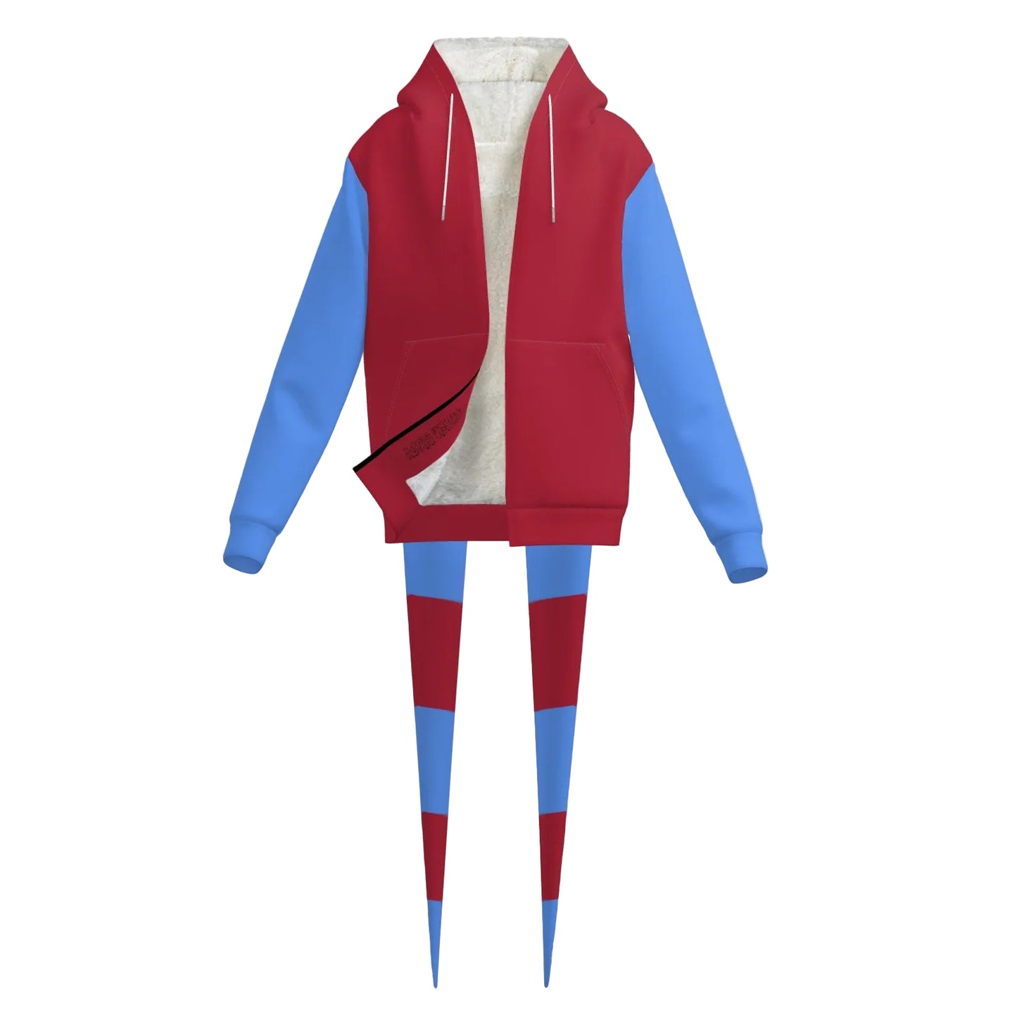 Red Ragdoll Fangtail Jester Hoodie in red and blue--hoodie has two trailing calf-length jester points coming from the hood to below the knee
