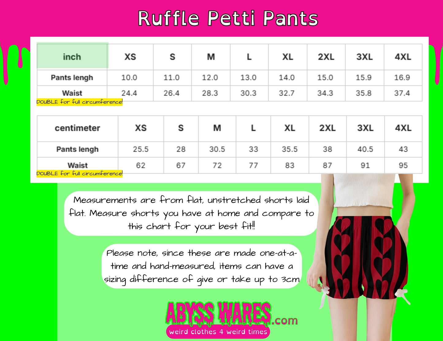 Ruffle petti pants size chart with a person wearing the pants on a colorful background