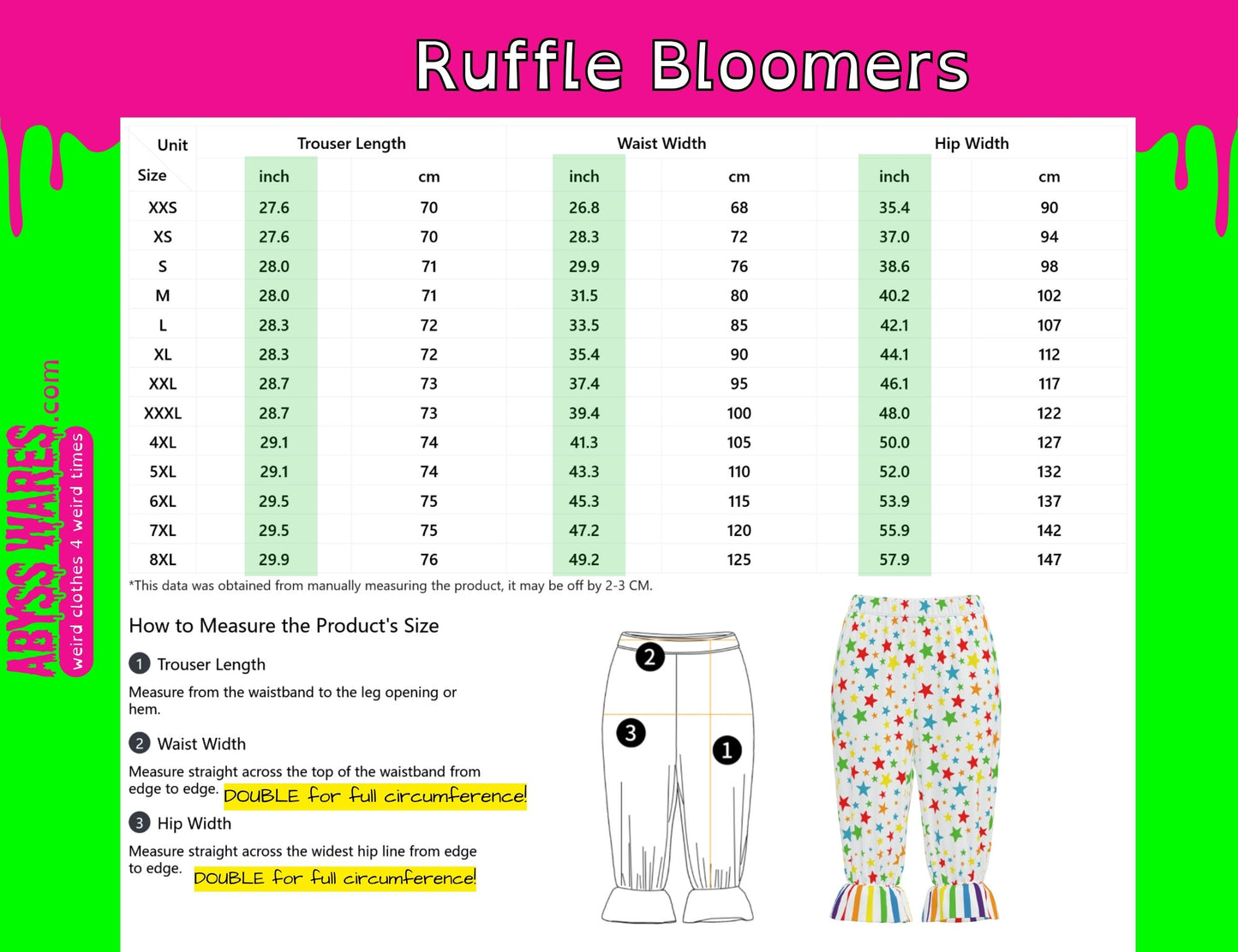 Ruffle Bloomers size chart with measurements and a colorful pair of bloomers on a pink and green background.