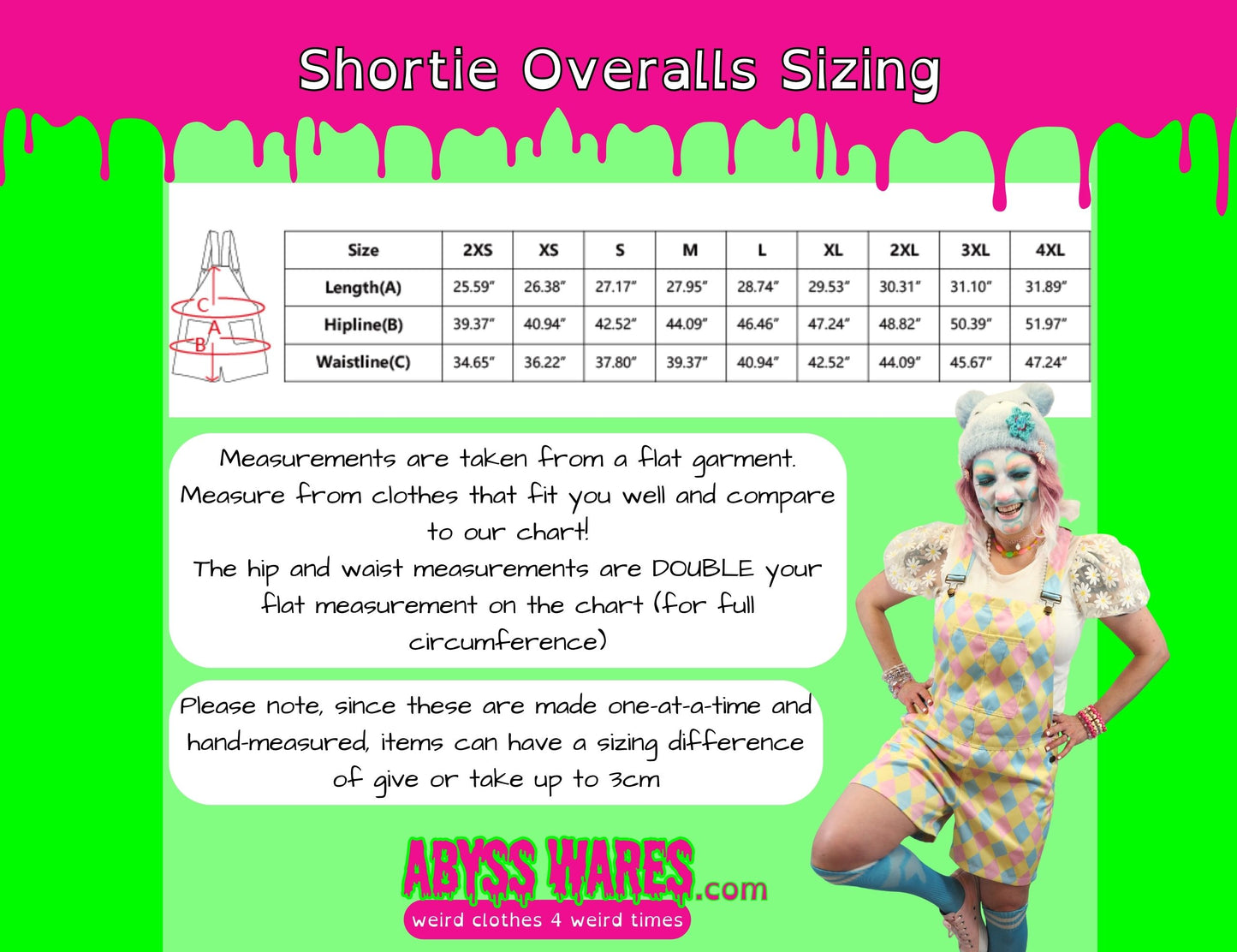 Shortie Overalls Sizing chart with a model wearing colorful overalls on a green and pink background.