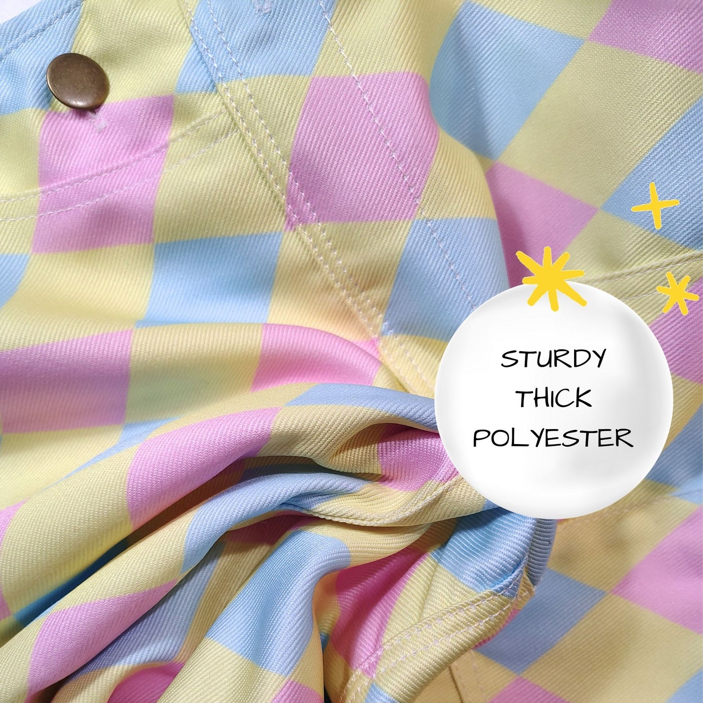 Close-up of checkered fabric with colorful pattern and text 'Sturdy Thick Polyester'.