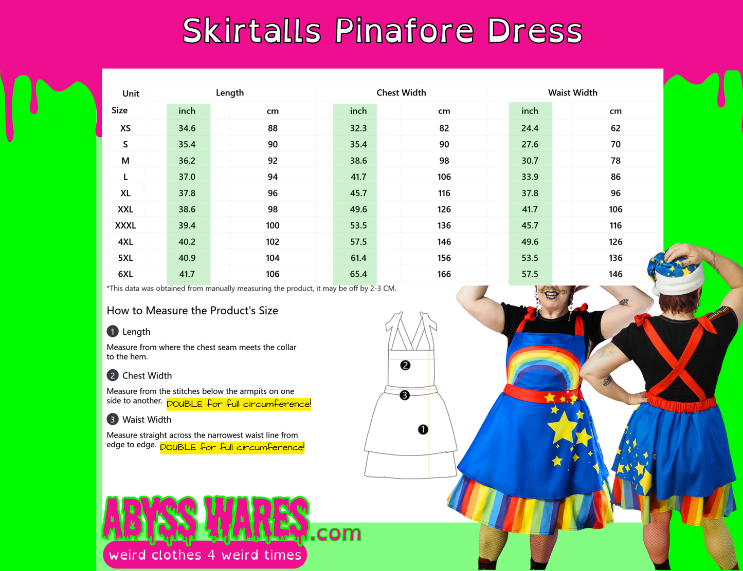 Measurement chart for a skirtails pinafore dress with two models wearing the dress on a green and pink background.