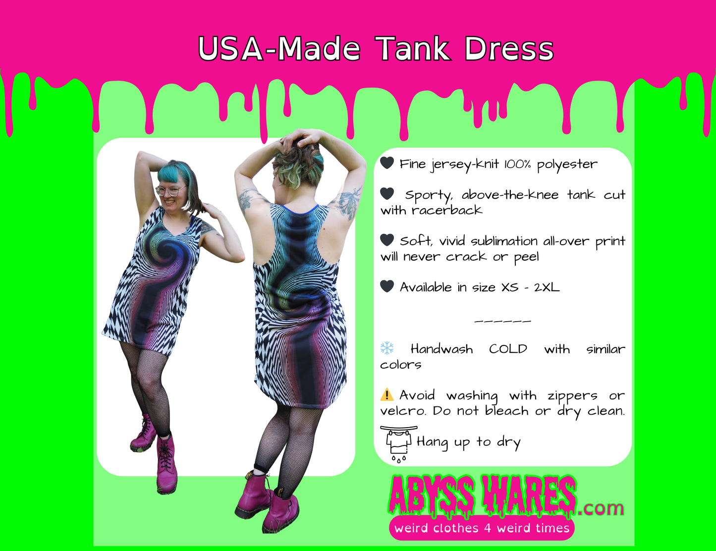 Promotional image of a USA-Made Tank Dress with model wearing it, product details, and brand name.