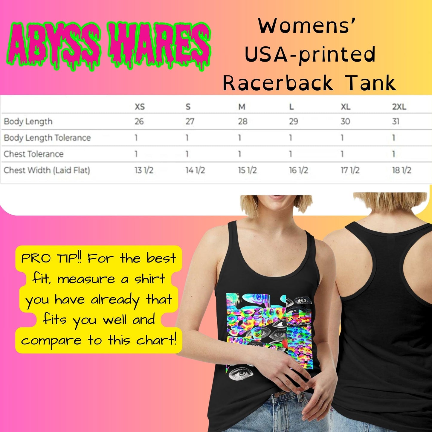 tank top ize guide for USA printed ladies tank tops
