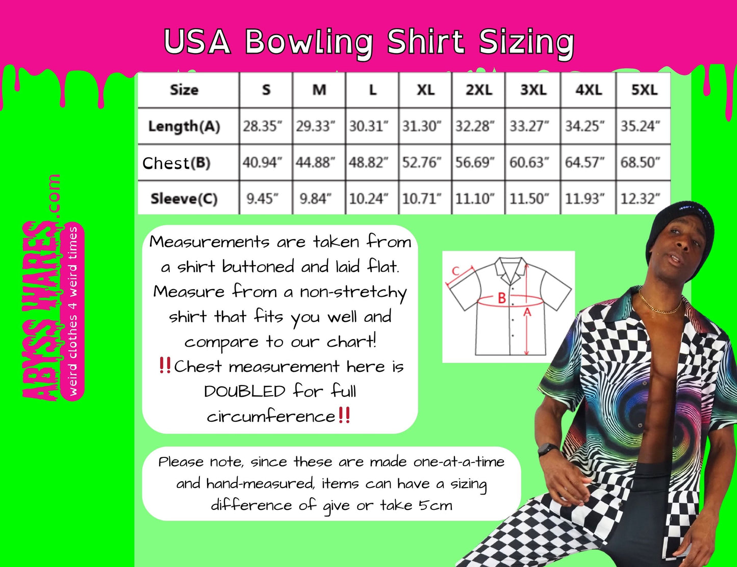 USA Bowling Shirt Sizing chart with measurements and a person wearing a colorful shirt.