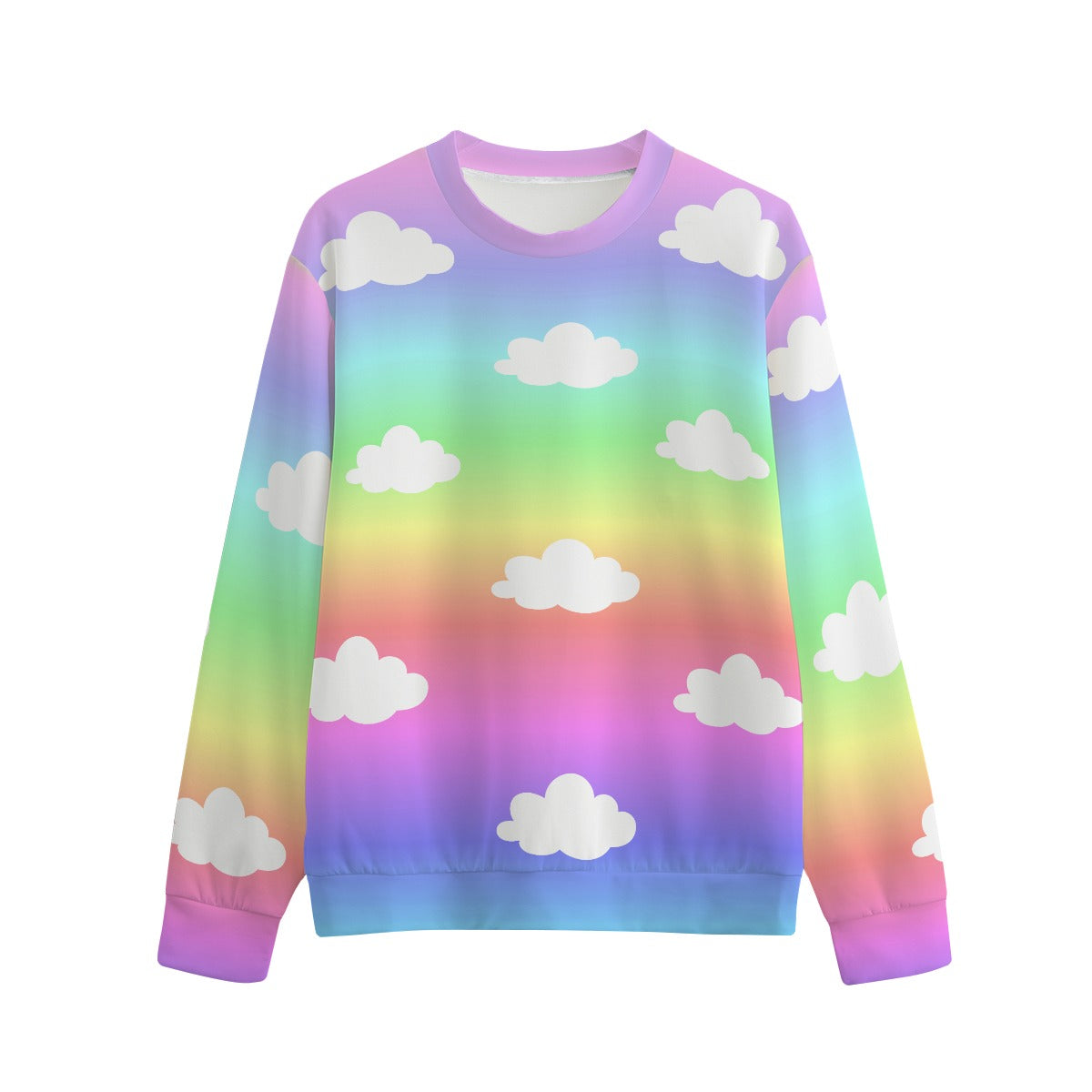 Sweatshirt with rainbow gradient and cloud pattern on a white background