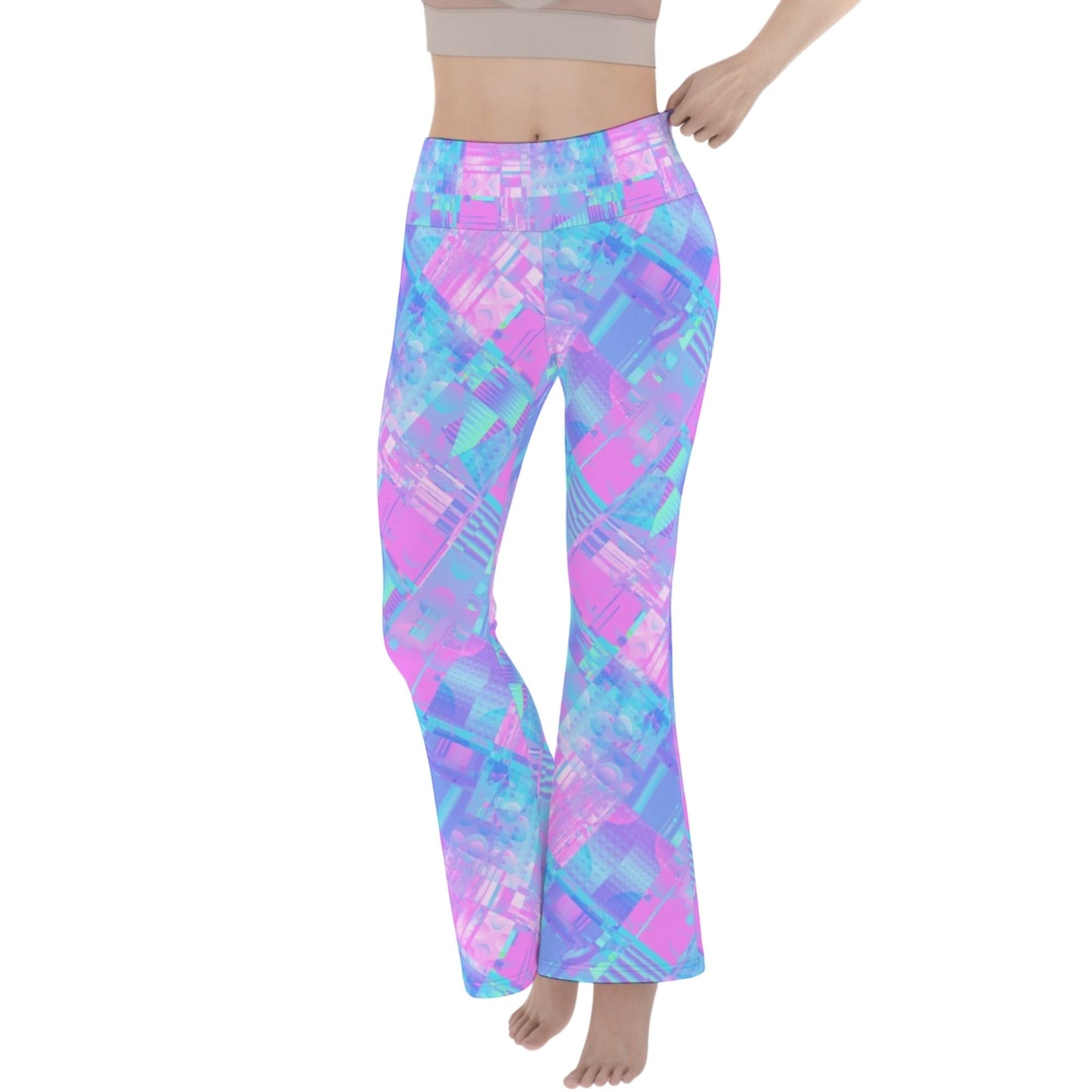 luxury yoga flares in dreamcore vaporwave blue purple glitch pattern