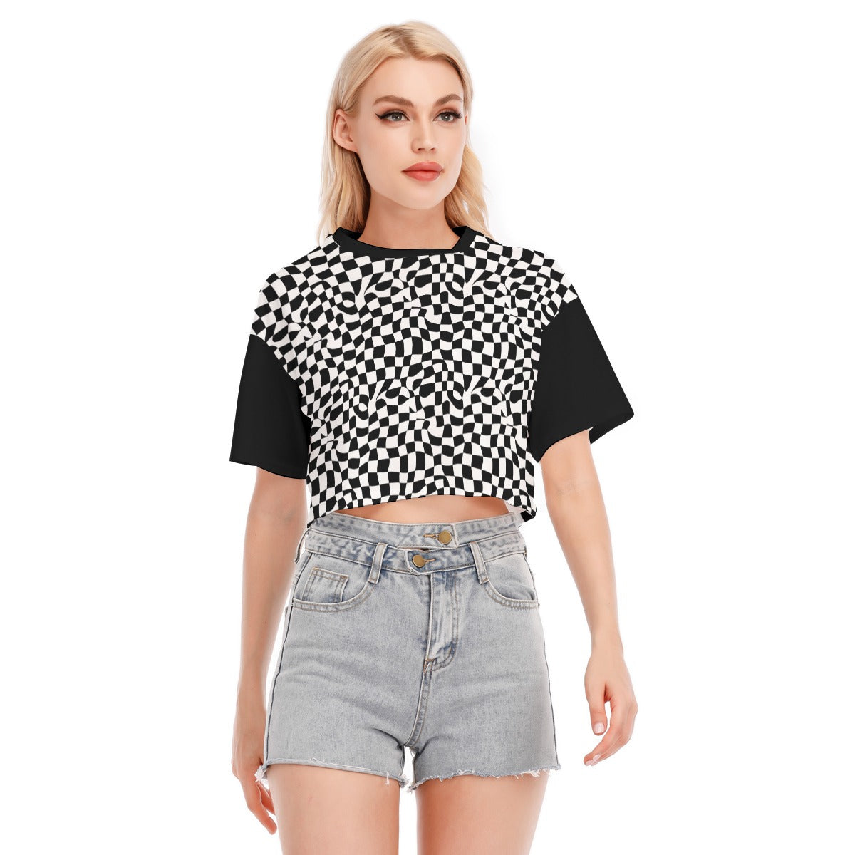 Vibe Check Alt Crop Top Wonky Checkerboard Cotton Scene Shirt Weirdcore Clothes Scenecore Skate Punk