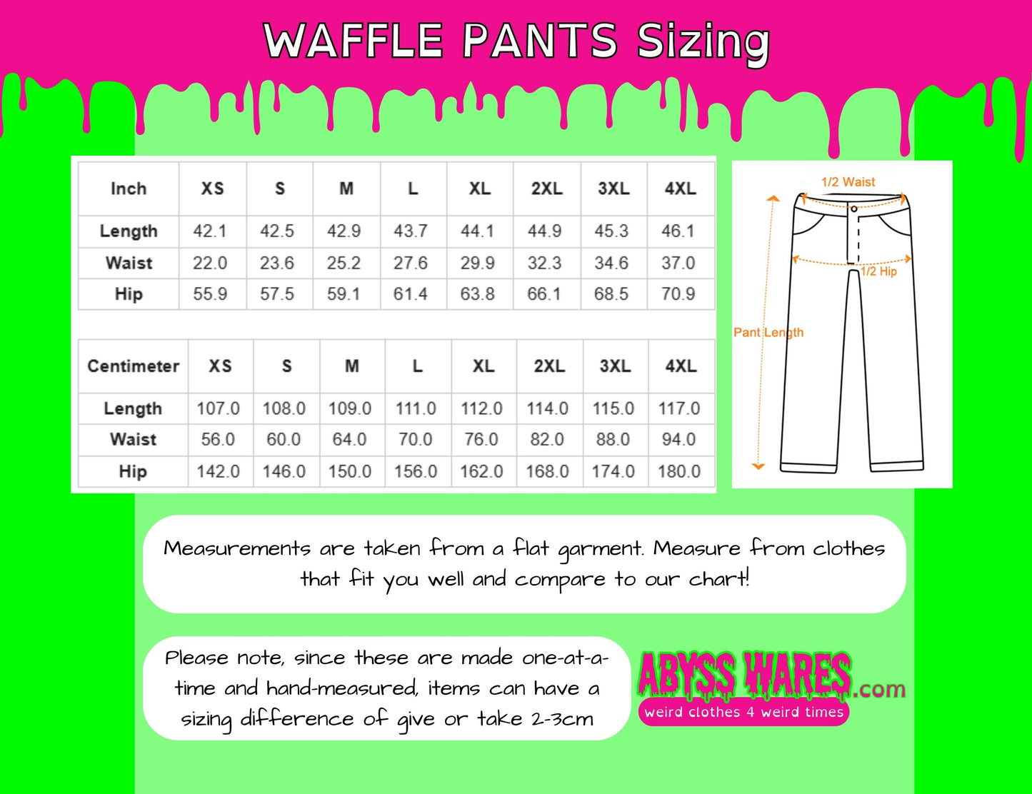 Waffle pants sizing chart with measurements on a colorful background