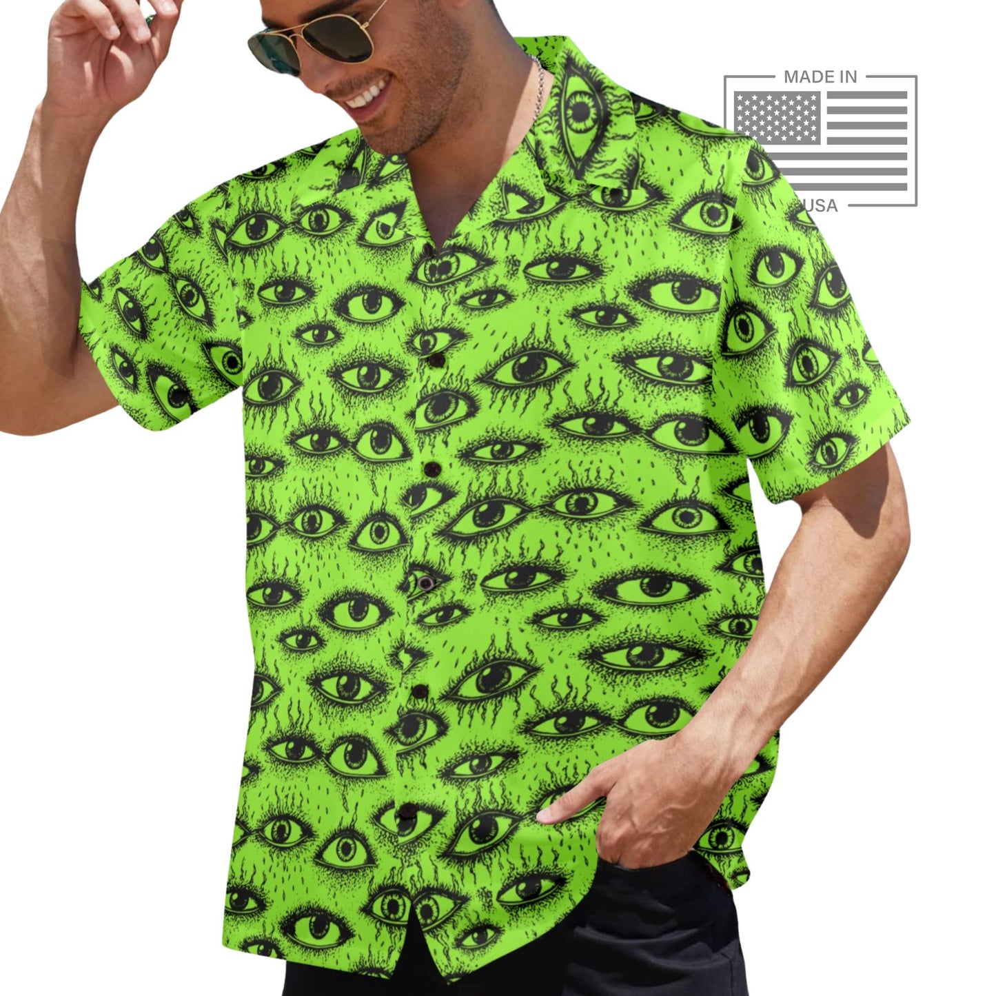 Weirdy Eye Alien Green Bowling Shirt--USA-made