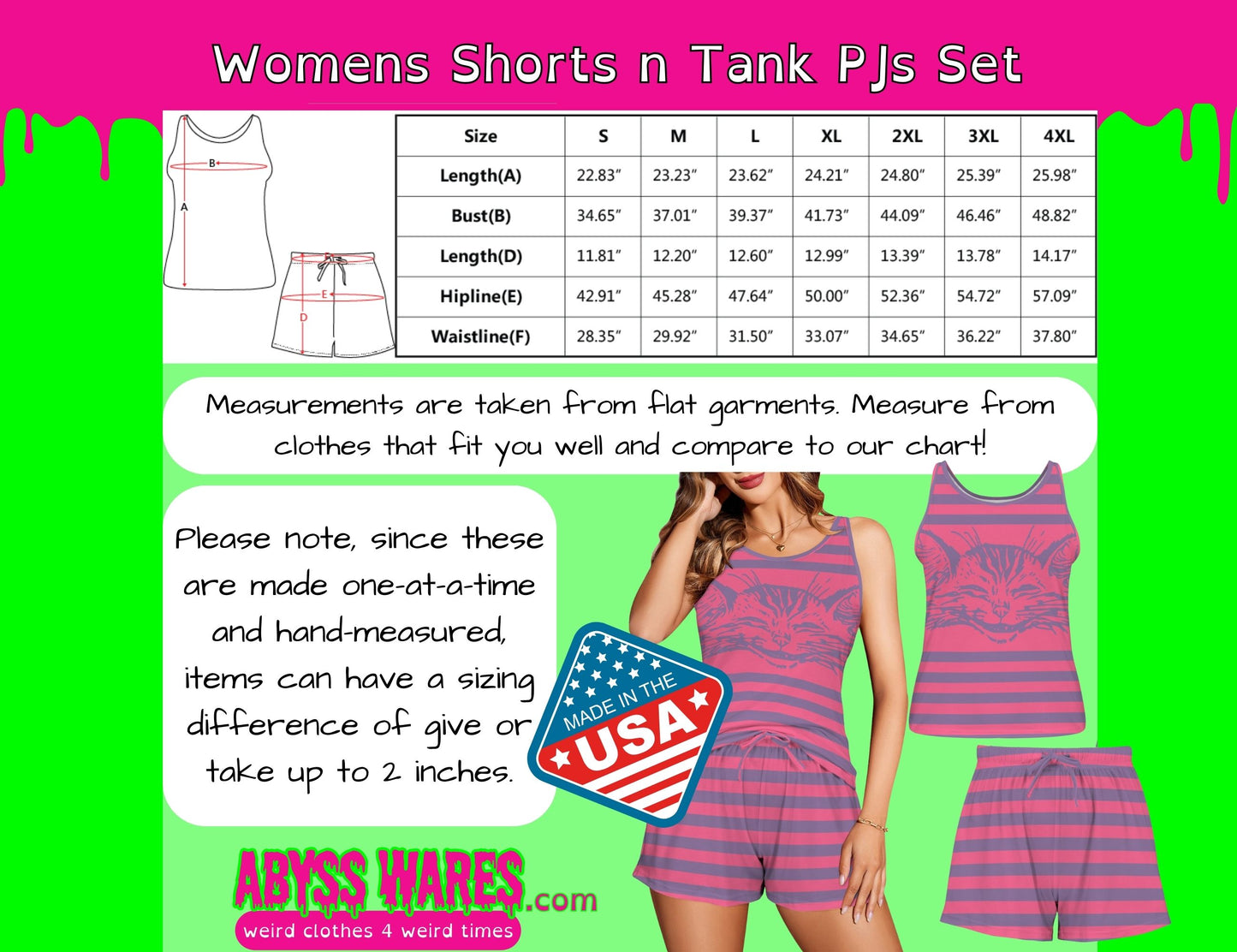 Womens Shorts n Tank PJs Set with size chart and measurements on a green and pink background