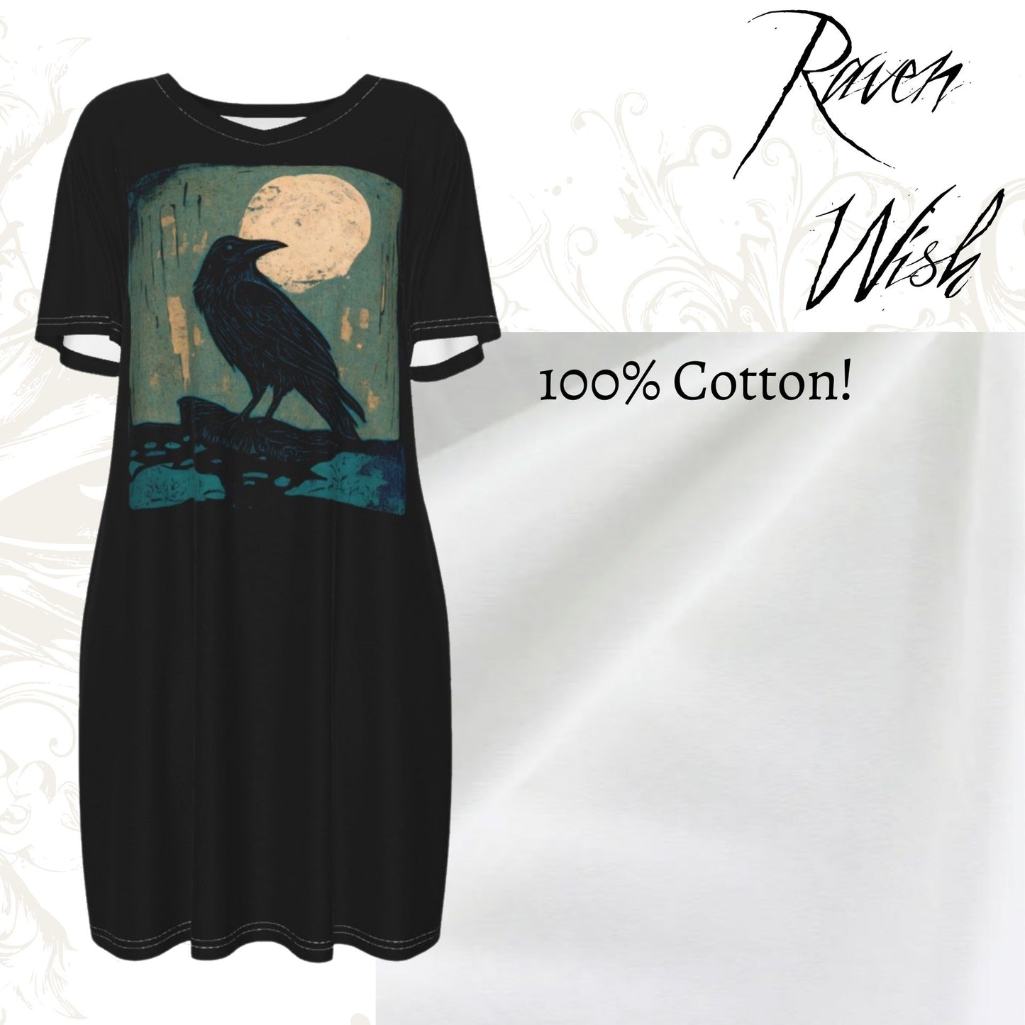 Camiseta-vestido camisero con cuervo de madera de musgo
