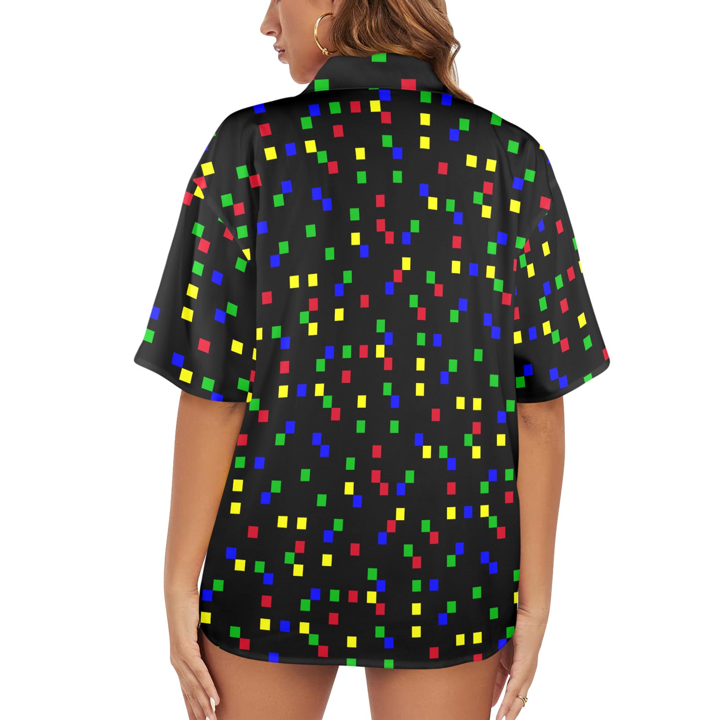 womens Hawaiian shirt in black with small color block squares pattern