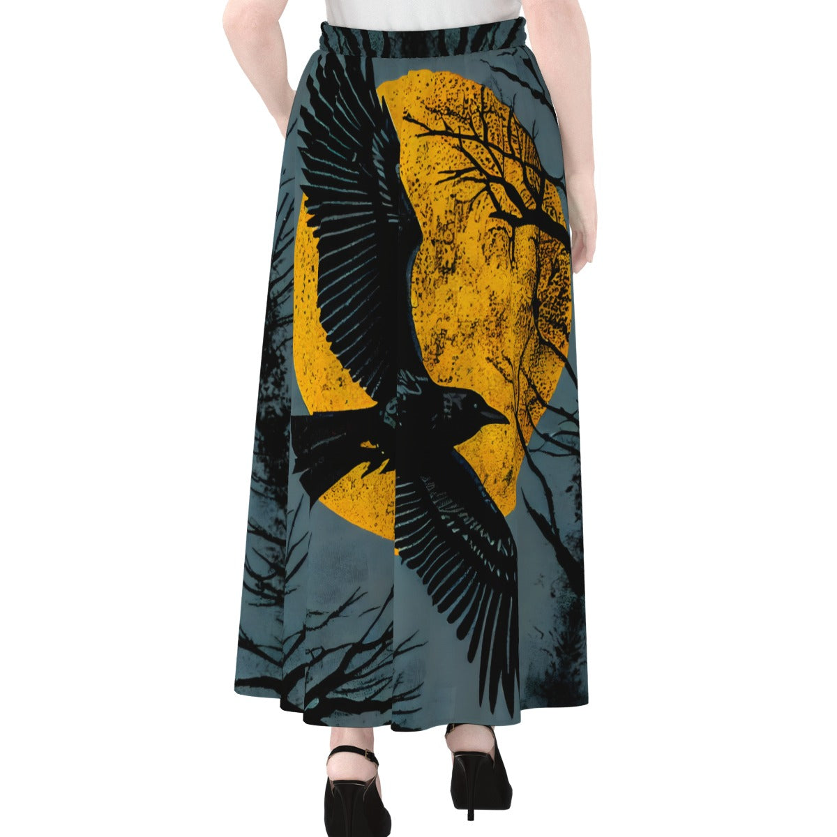 gorgeous spooky whimsigoth maxi skirt with full moon and majestic crow flying in the autumn night