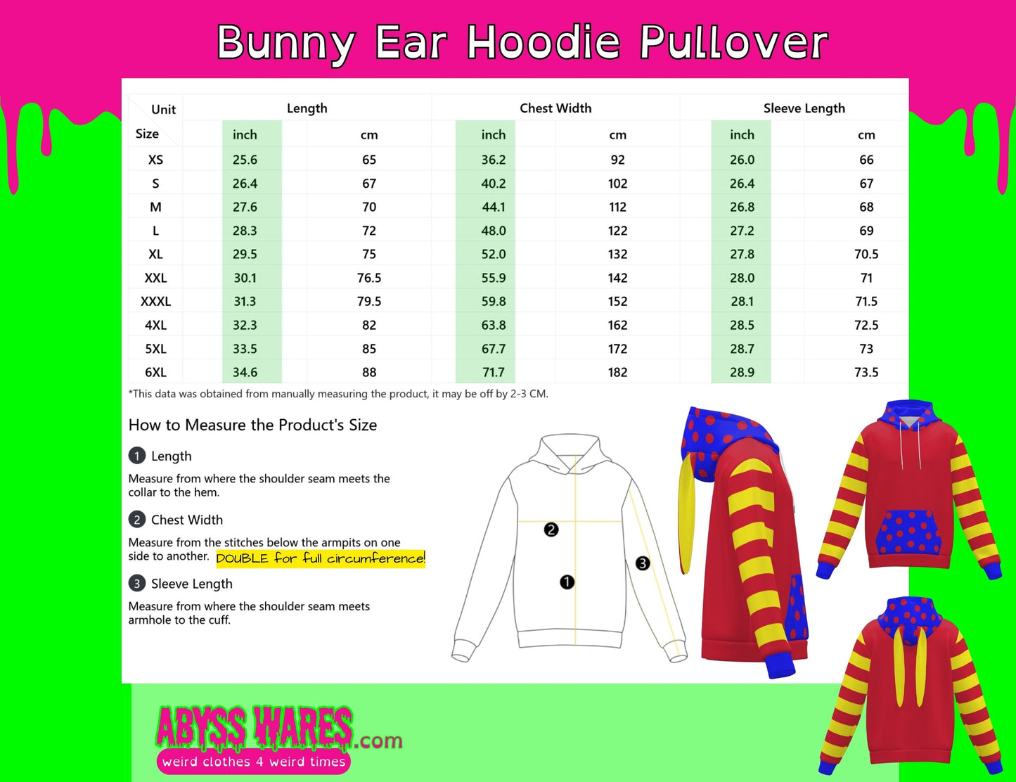Measurement chart for Bunny Ear Hoodie Pullover with size chart and examples on a green background.