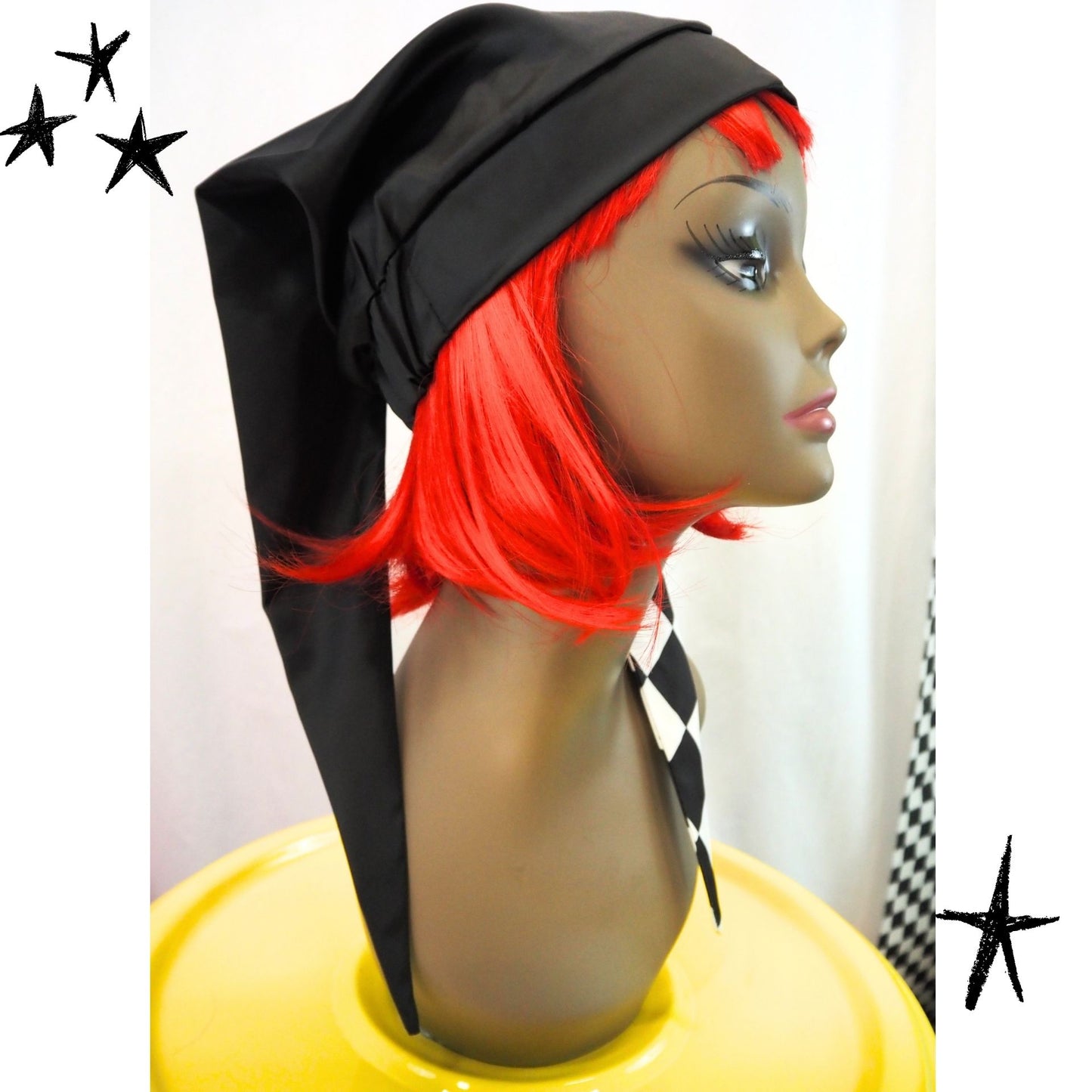 Fang Jester Hat Black White Split Satin Double Pointed Clown Cap