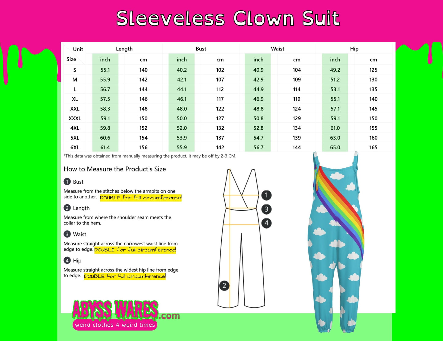 Measurement chart for a sleeveless clown suit with a colorful background and clown suit illustration.
