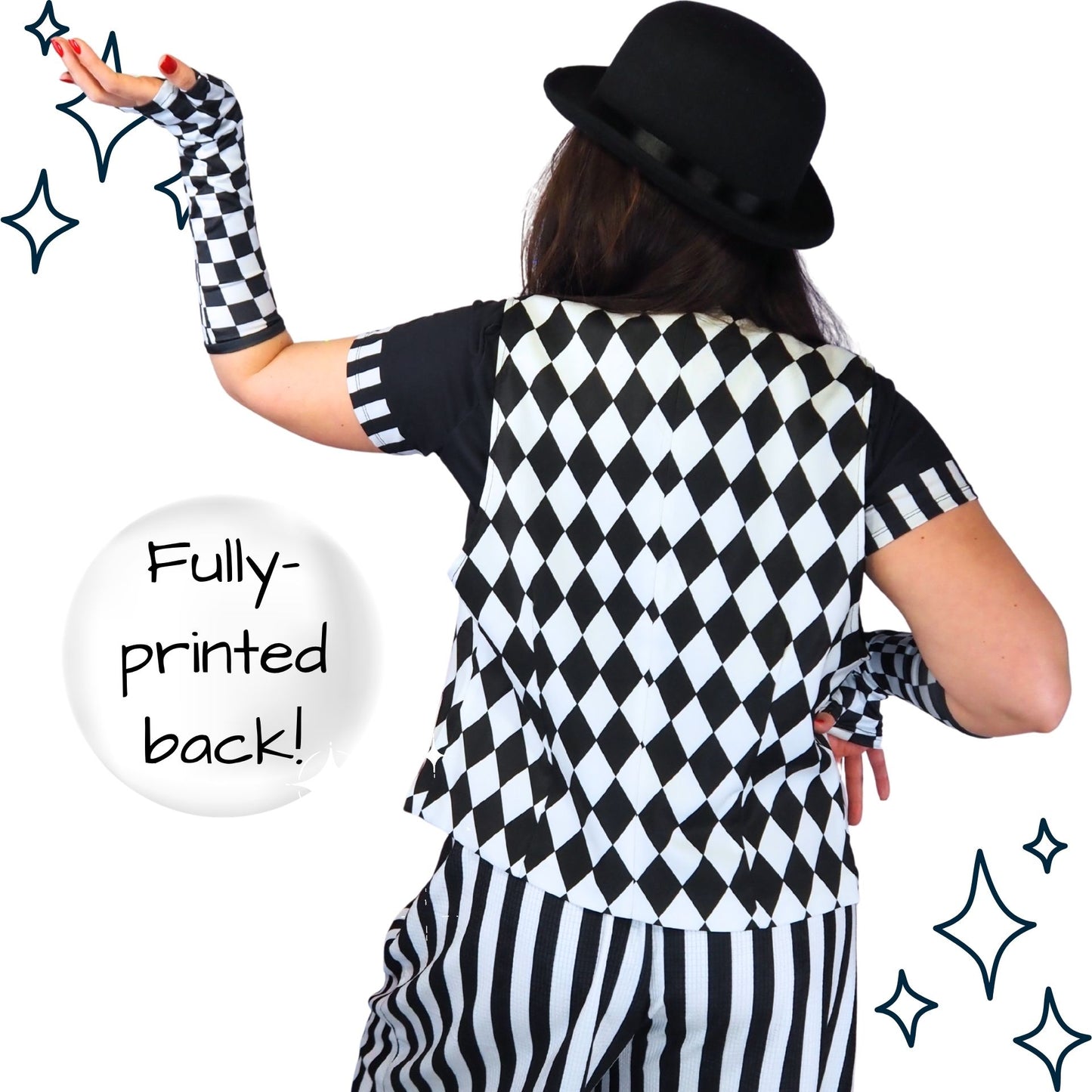 Person wearing a black and white checkered outfit with a hat, back view.