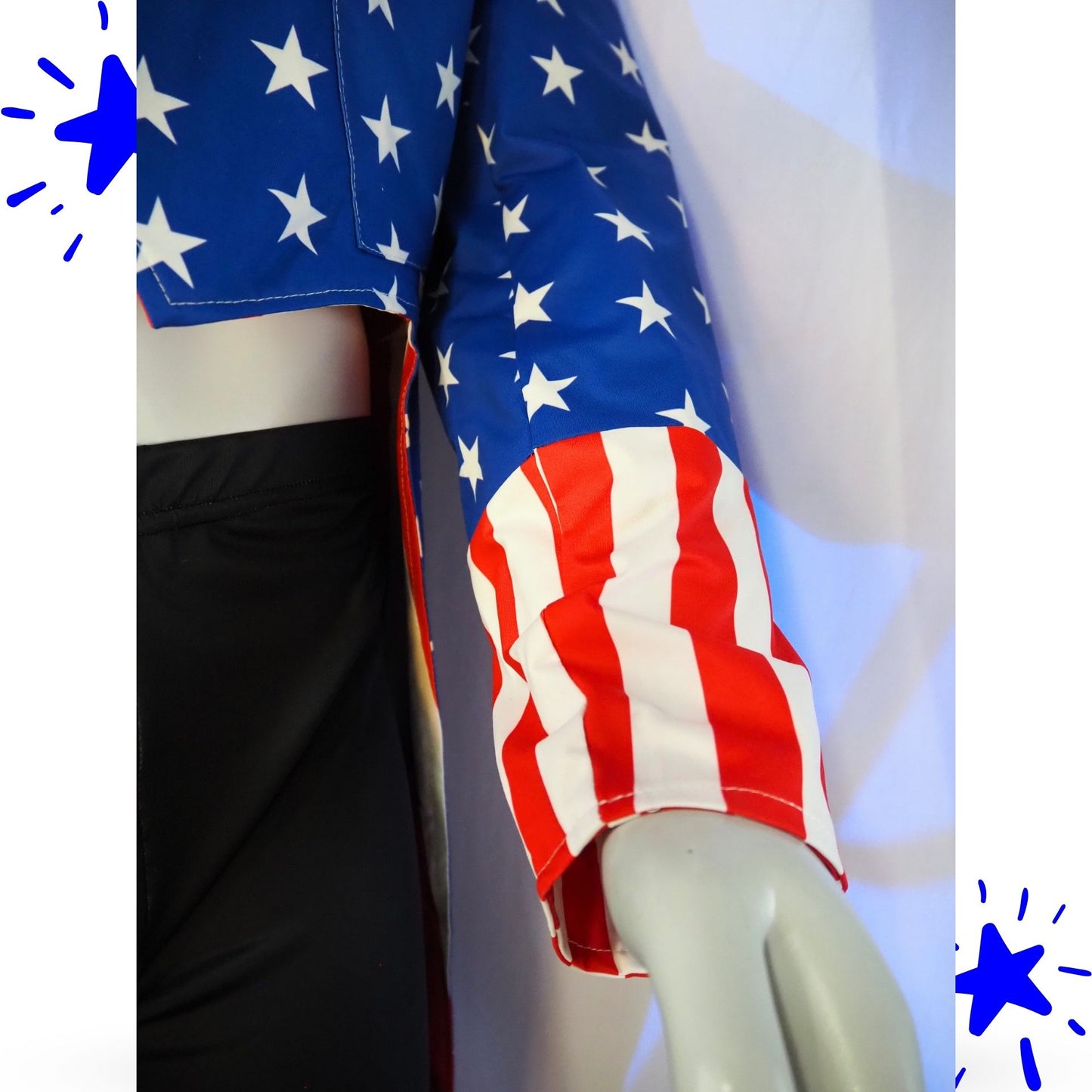 Mannequin wearing a shirt with American flag design against a white background