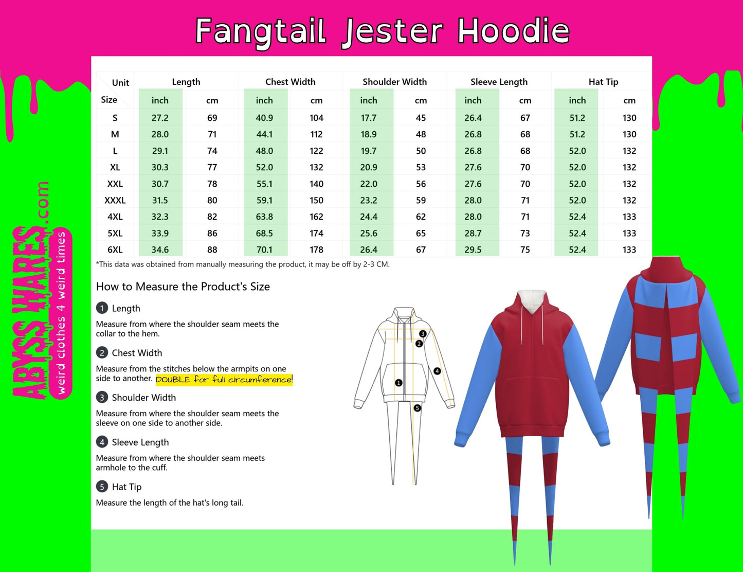 Measurement chart for a 'Long Tails Jester Hoodie' with size guide and illustrations on a pink and green background.