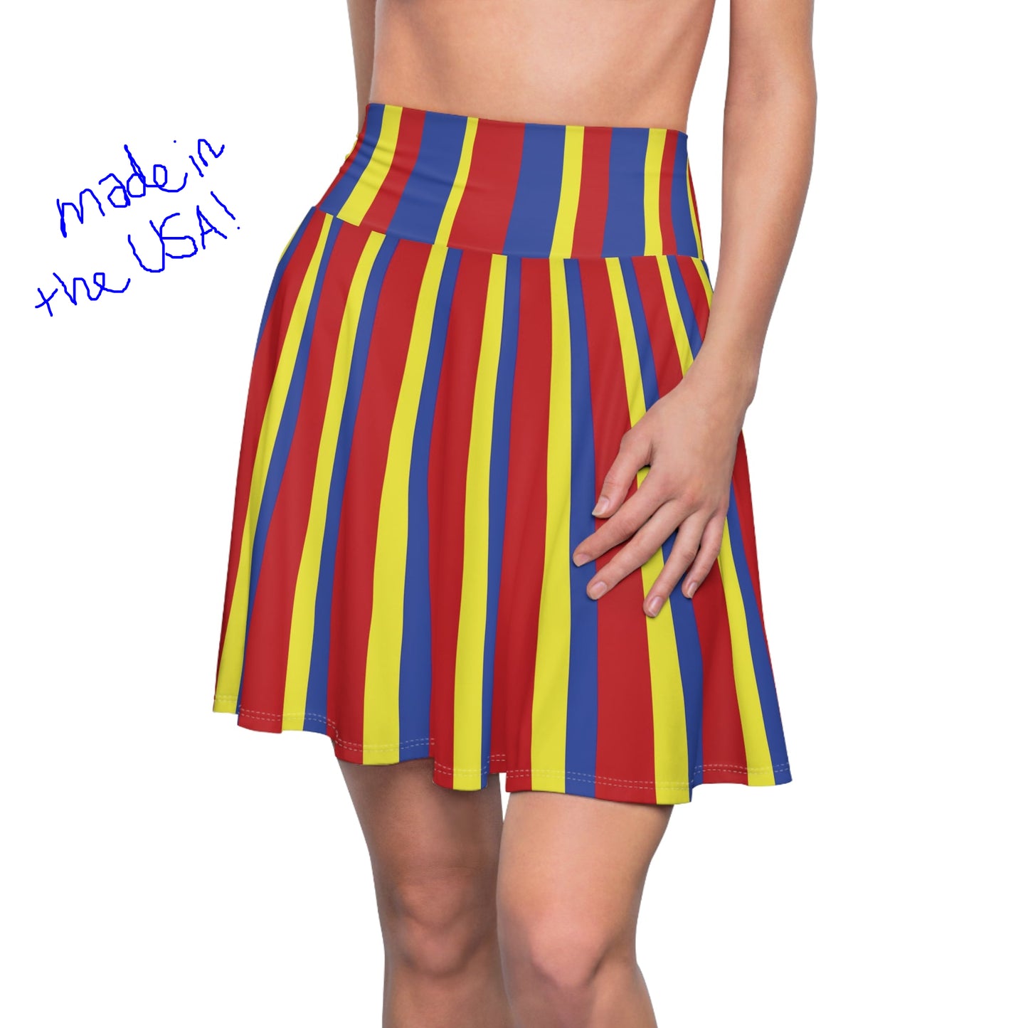 cute clowncore red blue yellow stripe short circle skirt, skater style, made in the USA
