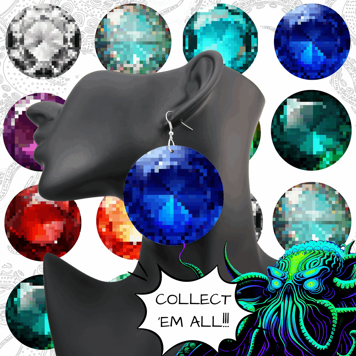 8-bit Deep Blue Sapphire Pixel Art Gem Earrings