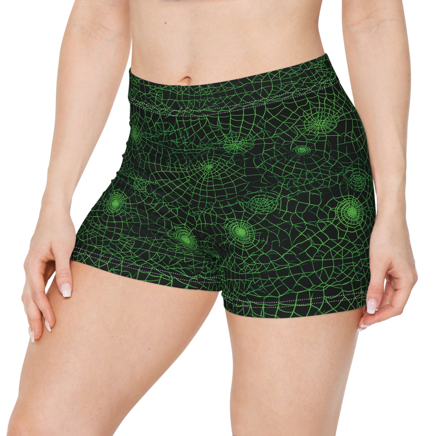 dark web booty shorts spiderweb design in lime green and black