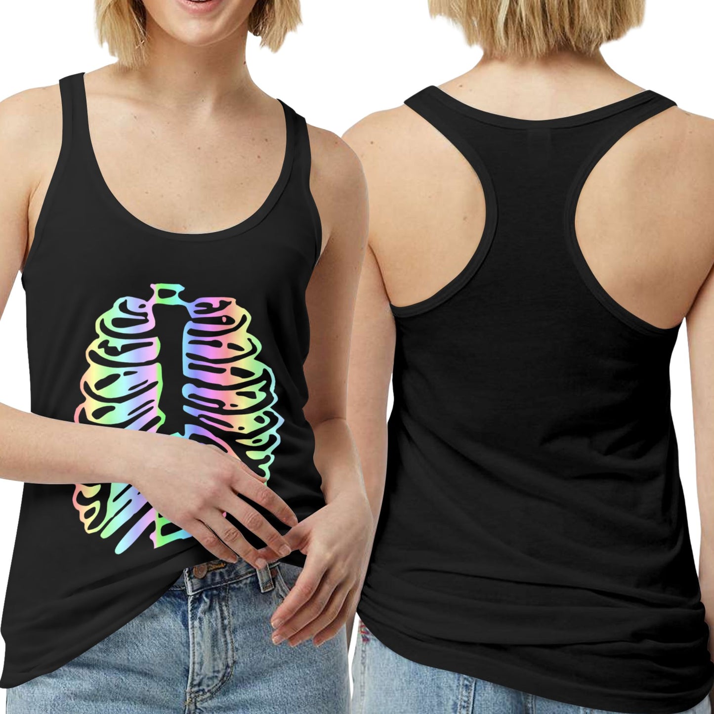 womens Halloween tank top shirt with rainbow ribcage skeleton print, racerback style sleeveless