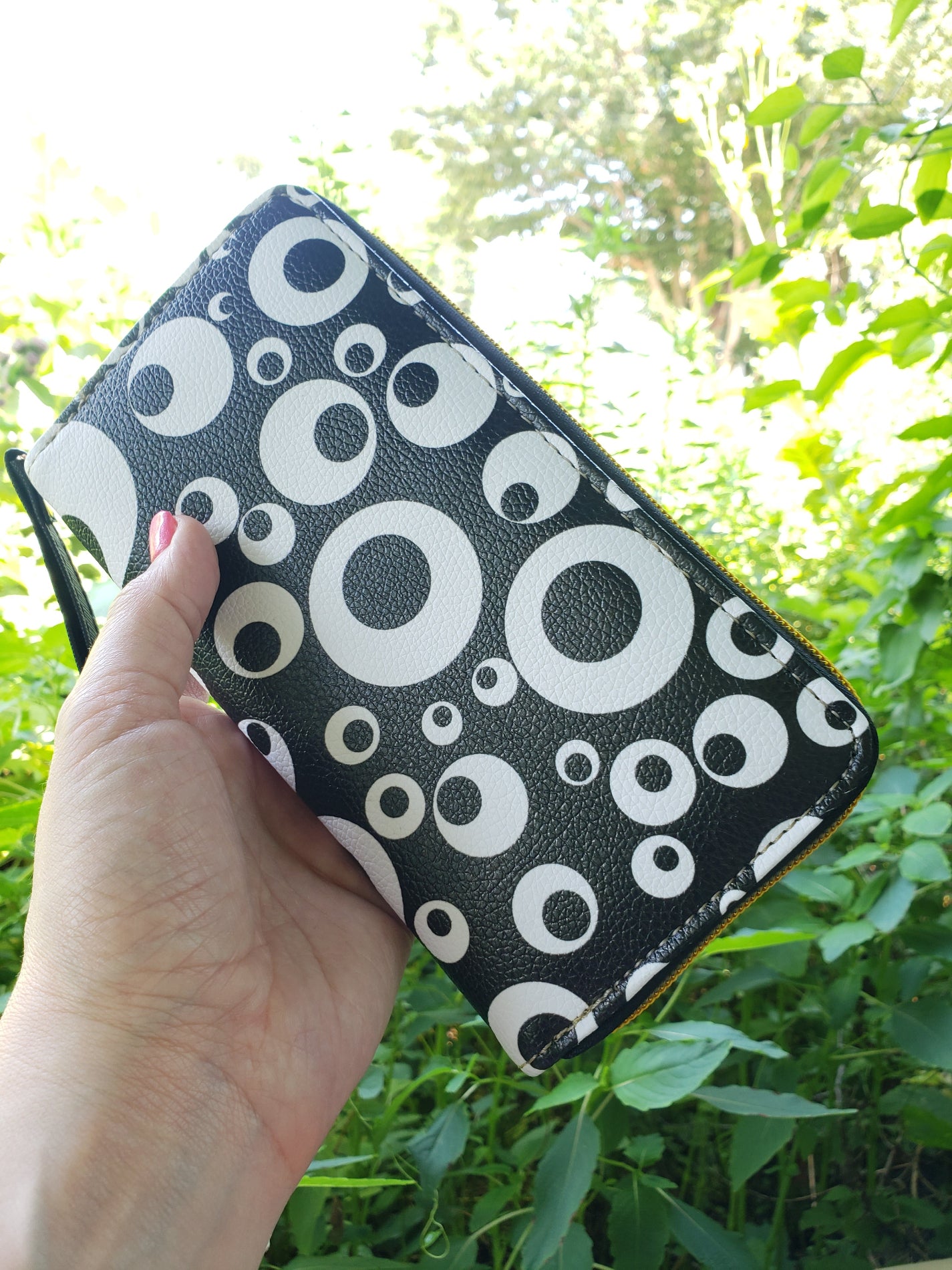 whimsigoth eyeball wallet with oebbled leather texture vegan