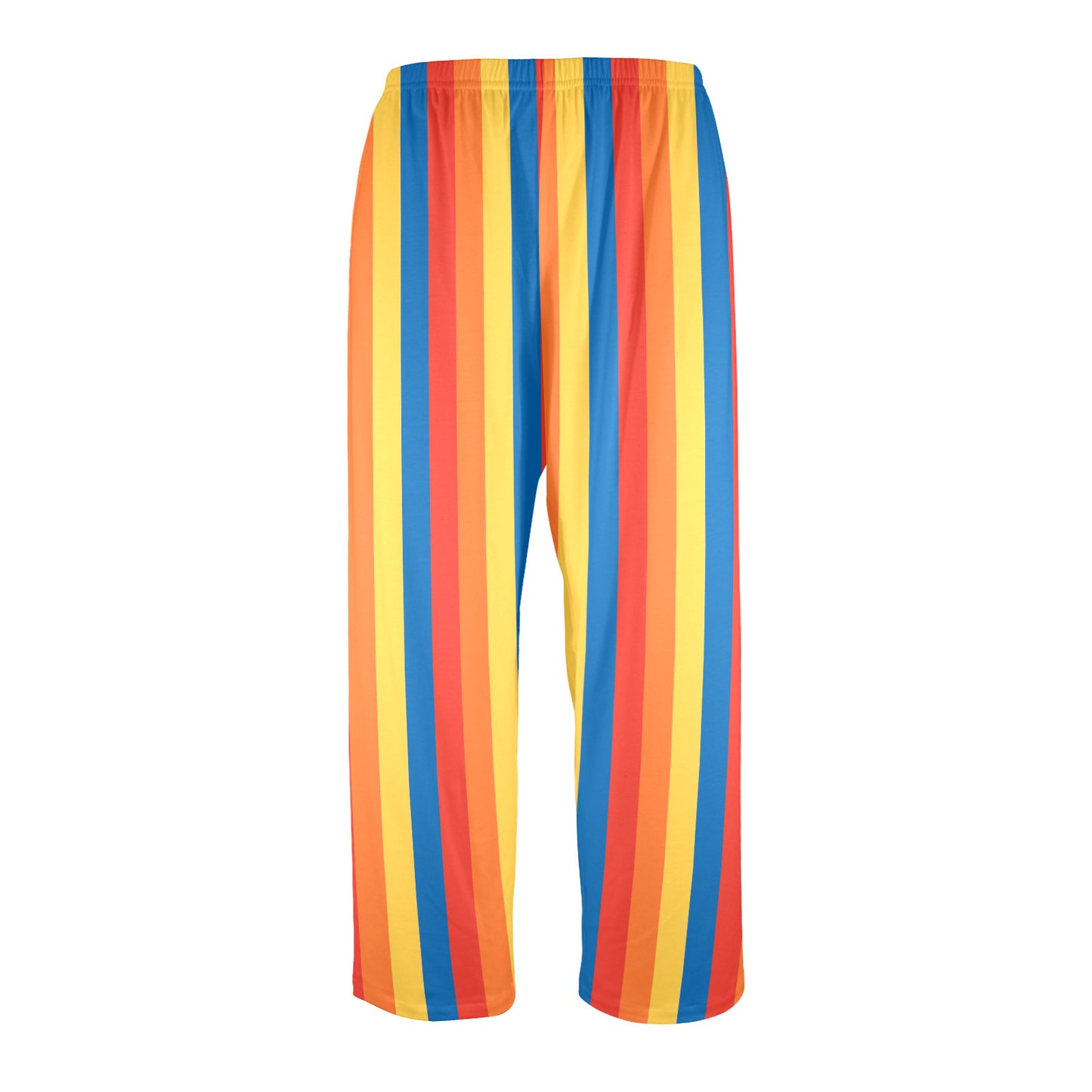 cute clowncore stripe pants in sunset colors red orange yellow and blue