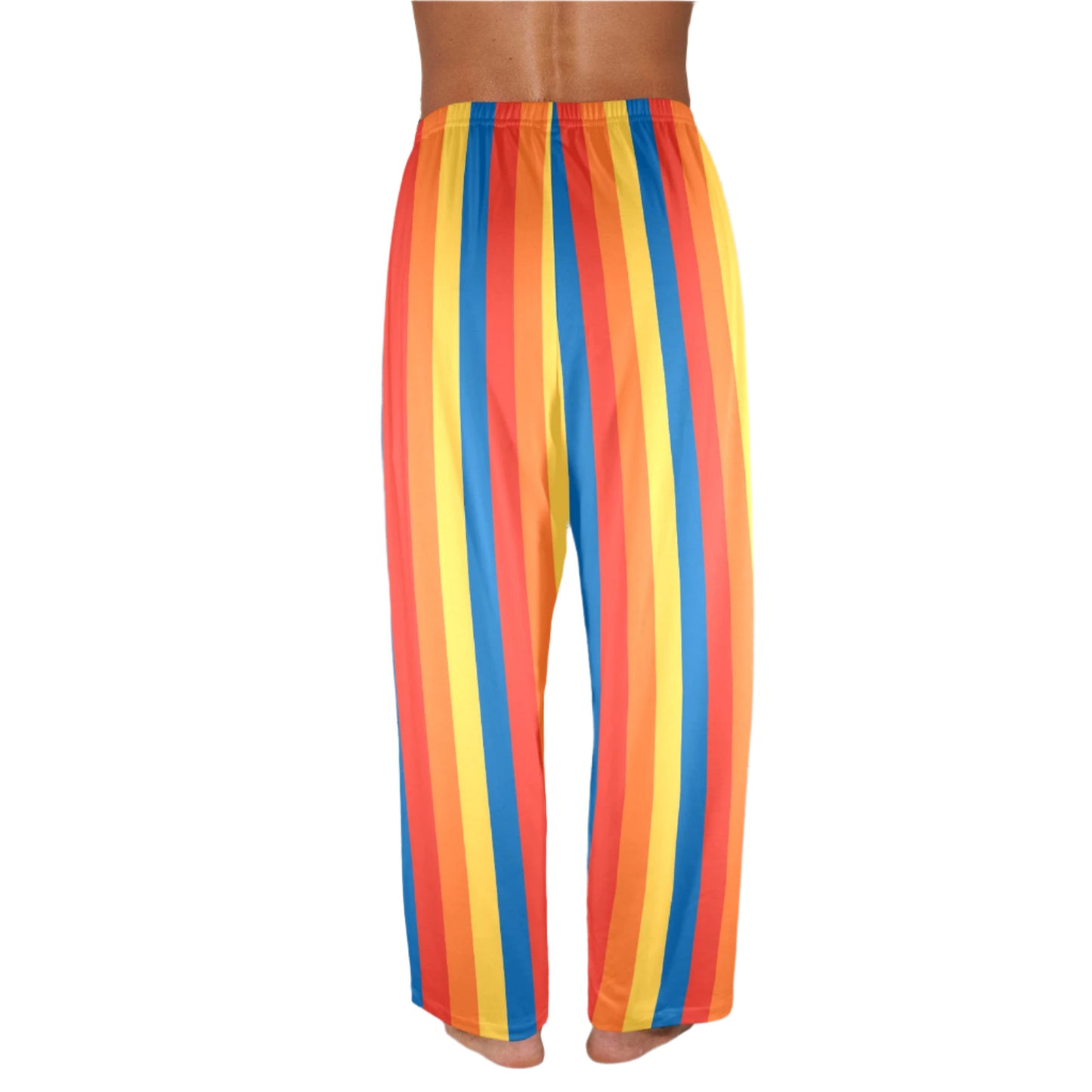 clown core pants for men, unisex long pants with red yellow blue and orange vertical stripes