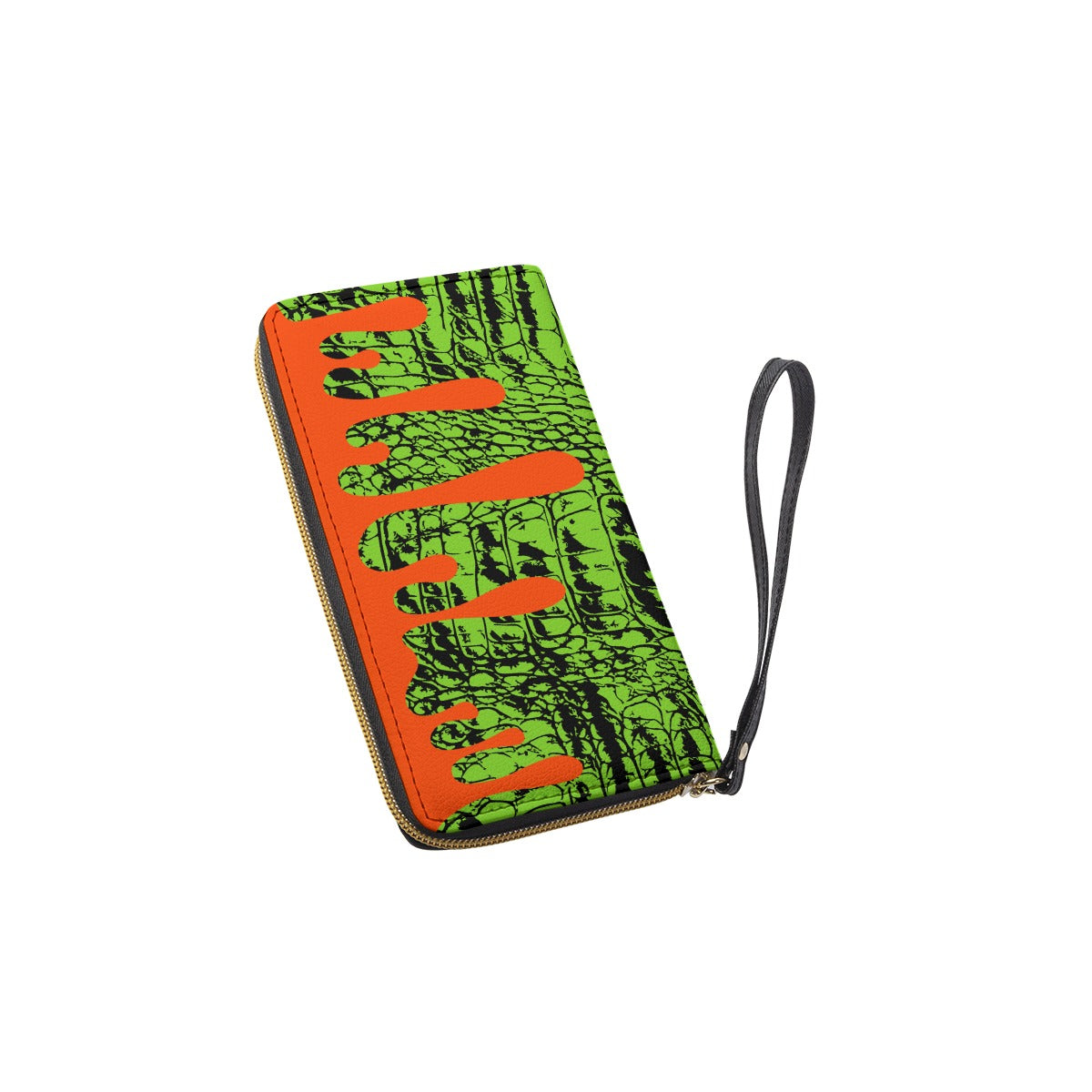 weirdcore splat lizardfolk lime green and orange zipper wallet