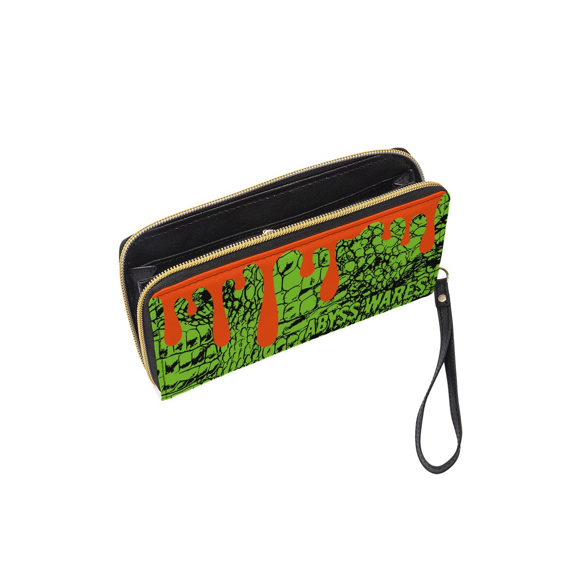 weirdcore splat lizardfolk lime green and orange zipper wallet for women or nonbinary
