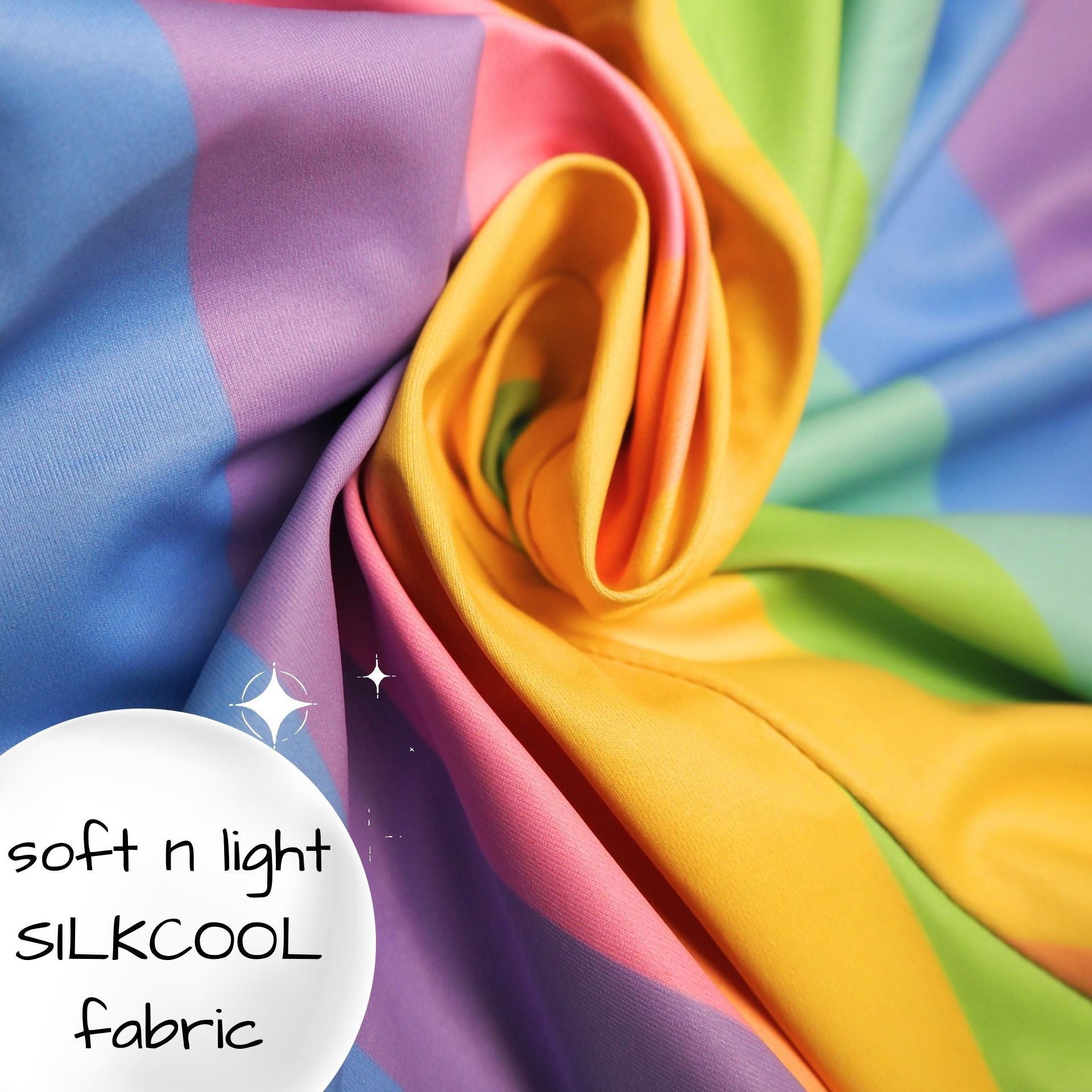 Colorful silk fabric with 'soft n light SILKCOOL fabric' text overlay