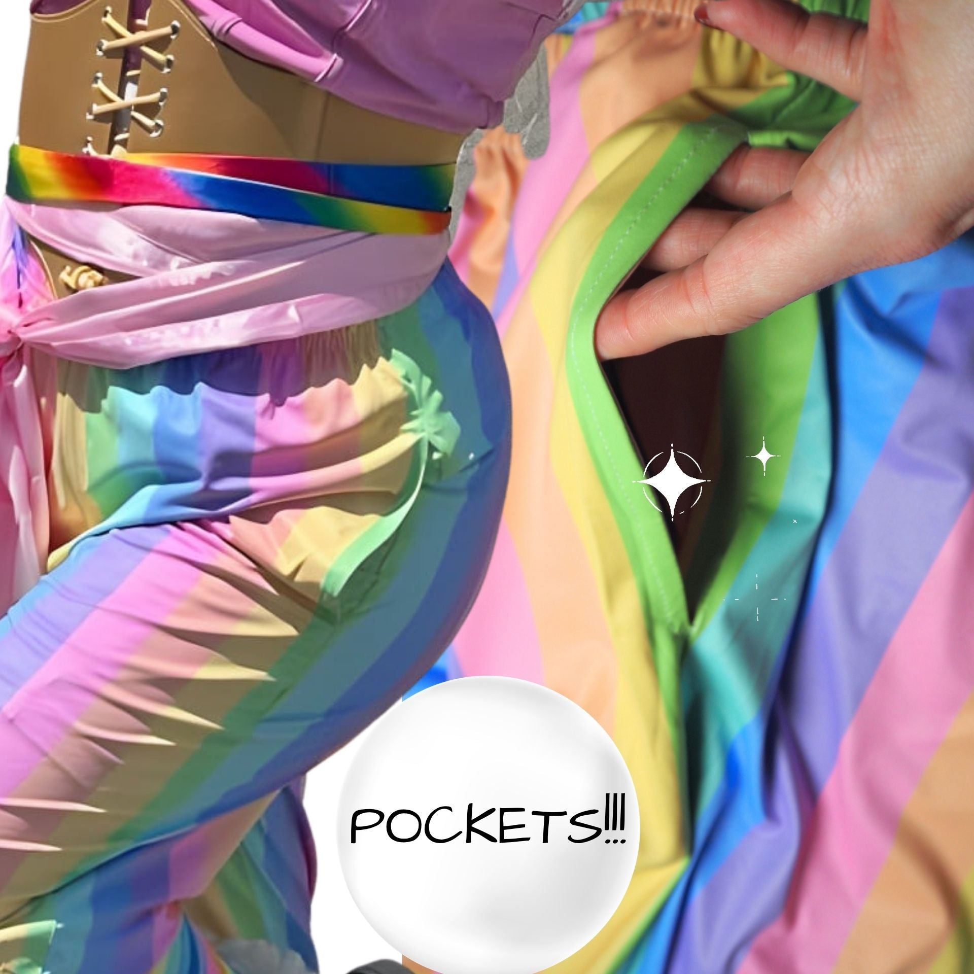 Colorful outfit with rainbow patterns and text 'POCKETS!!!' on a white background
