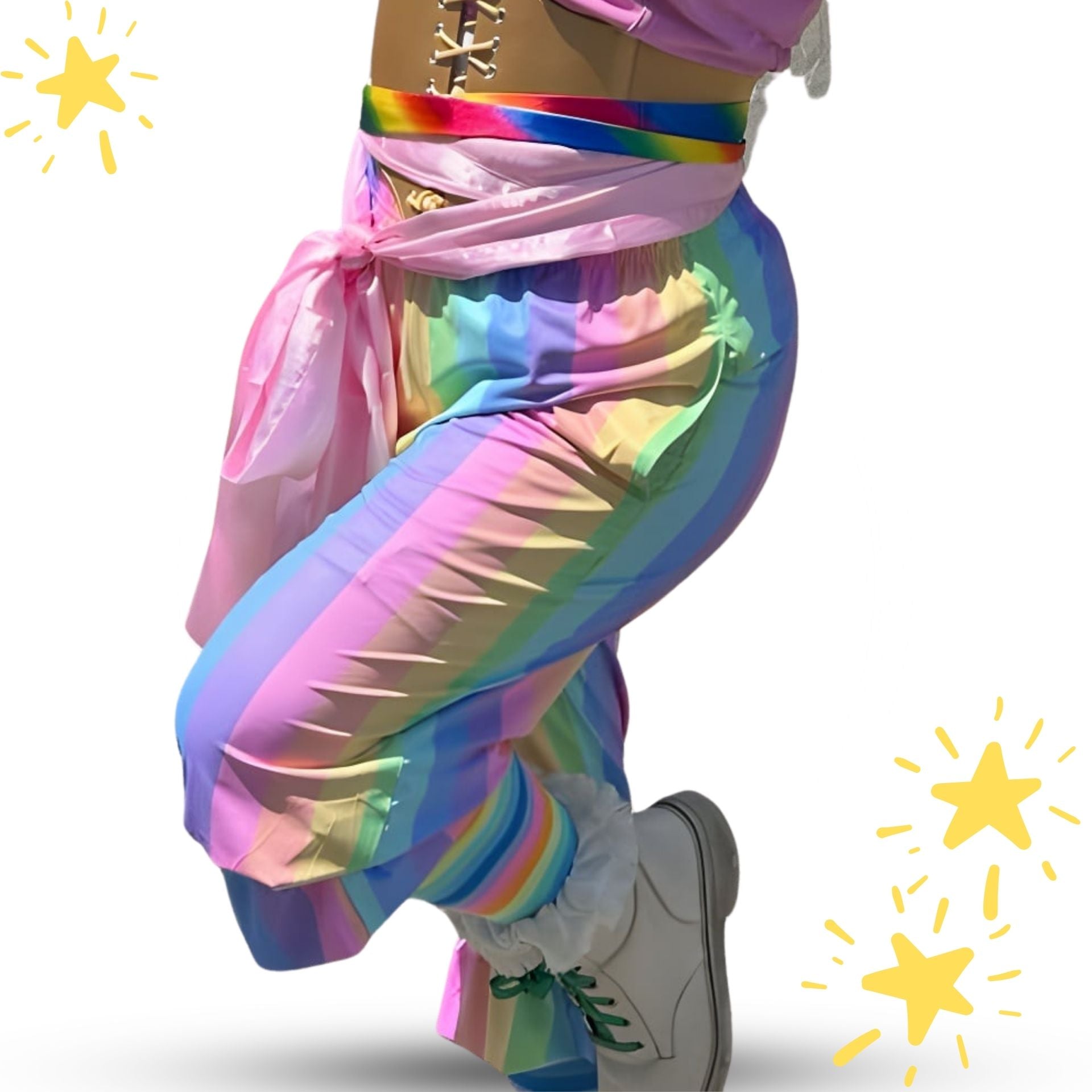 Colorful rainbow-themed outfit with a belt and pants on a white background