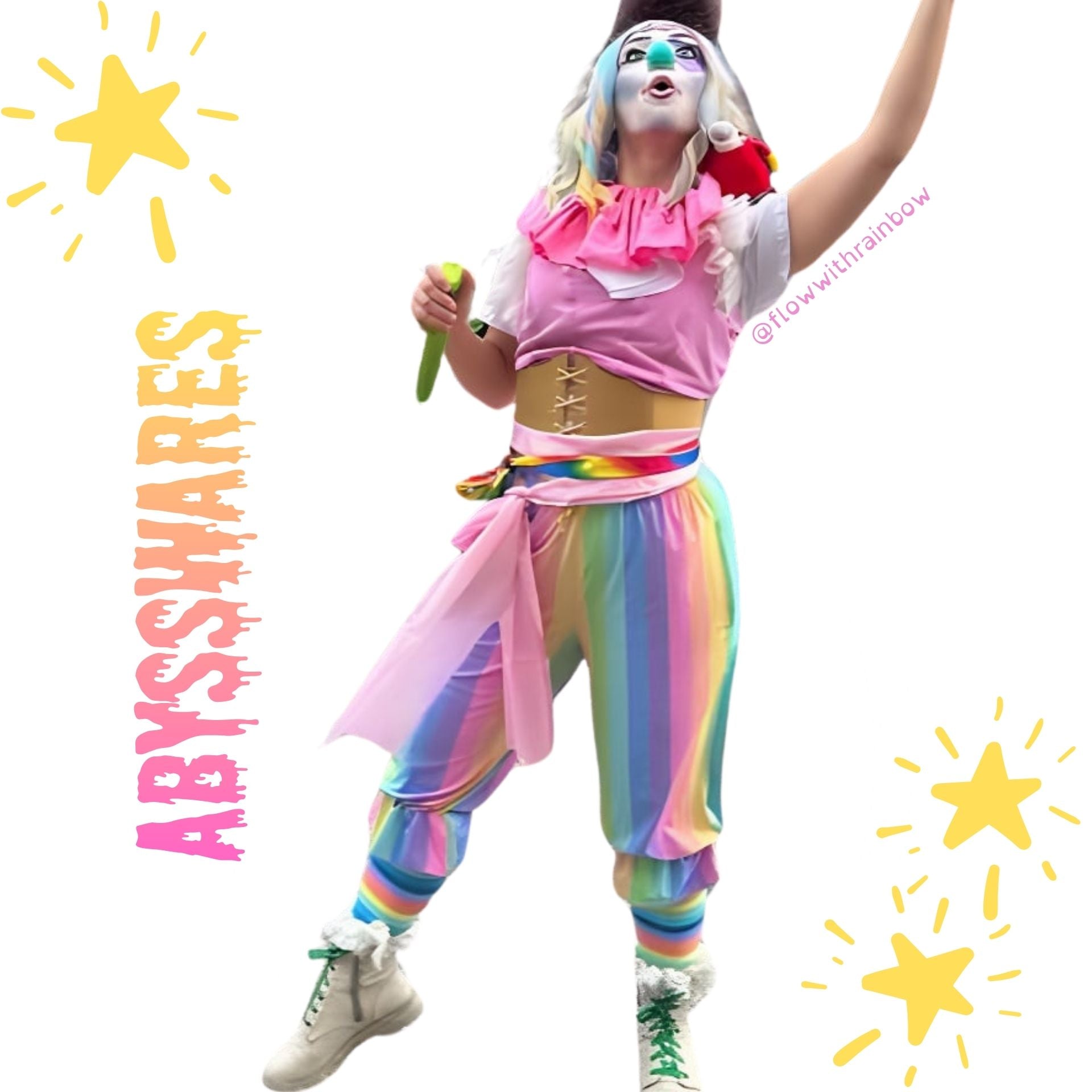 Person in colorful outfit with 'Abysswares' branding on a white background
