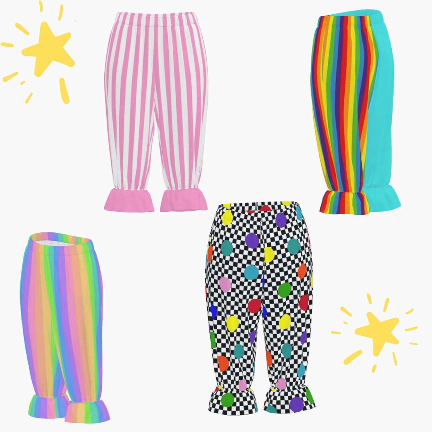 Five colorful pants with different patterns on a white background