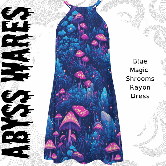 Blue Magic Shrooms Mini Dress | Rayon Sleeveless Halter Summer Anime Harajuku Mushrooms Print Weird