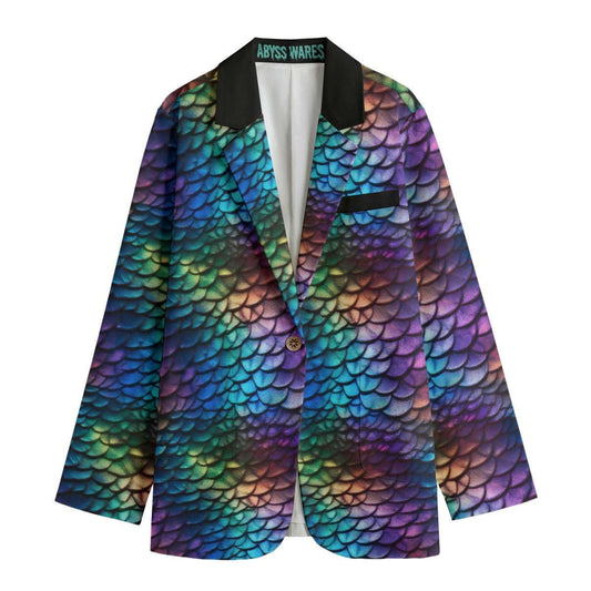 Rainbow Fish Womens Cotton Blazer, Iridescent Scaley Dragon Monster Alien Scales Mermaid Weirdcore