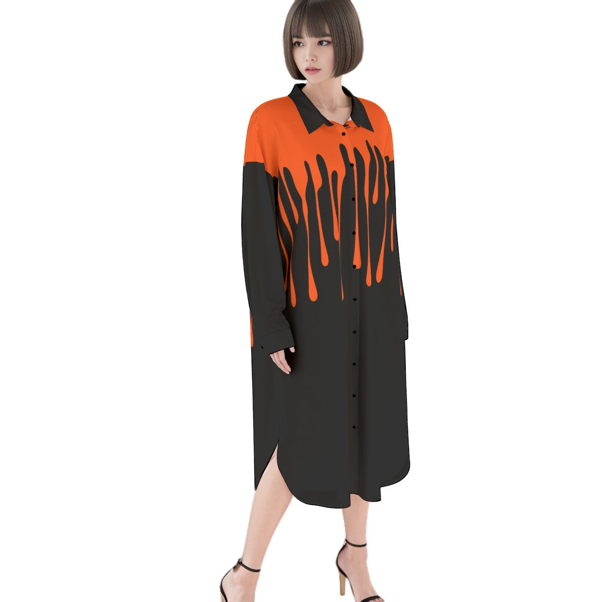 Pumpkin Blood Shirtdress Maxi Dress Long Sleeve Halloween Orange and Black Horror Drippy Weirdcore